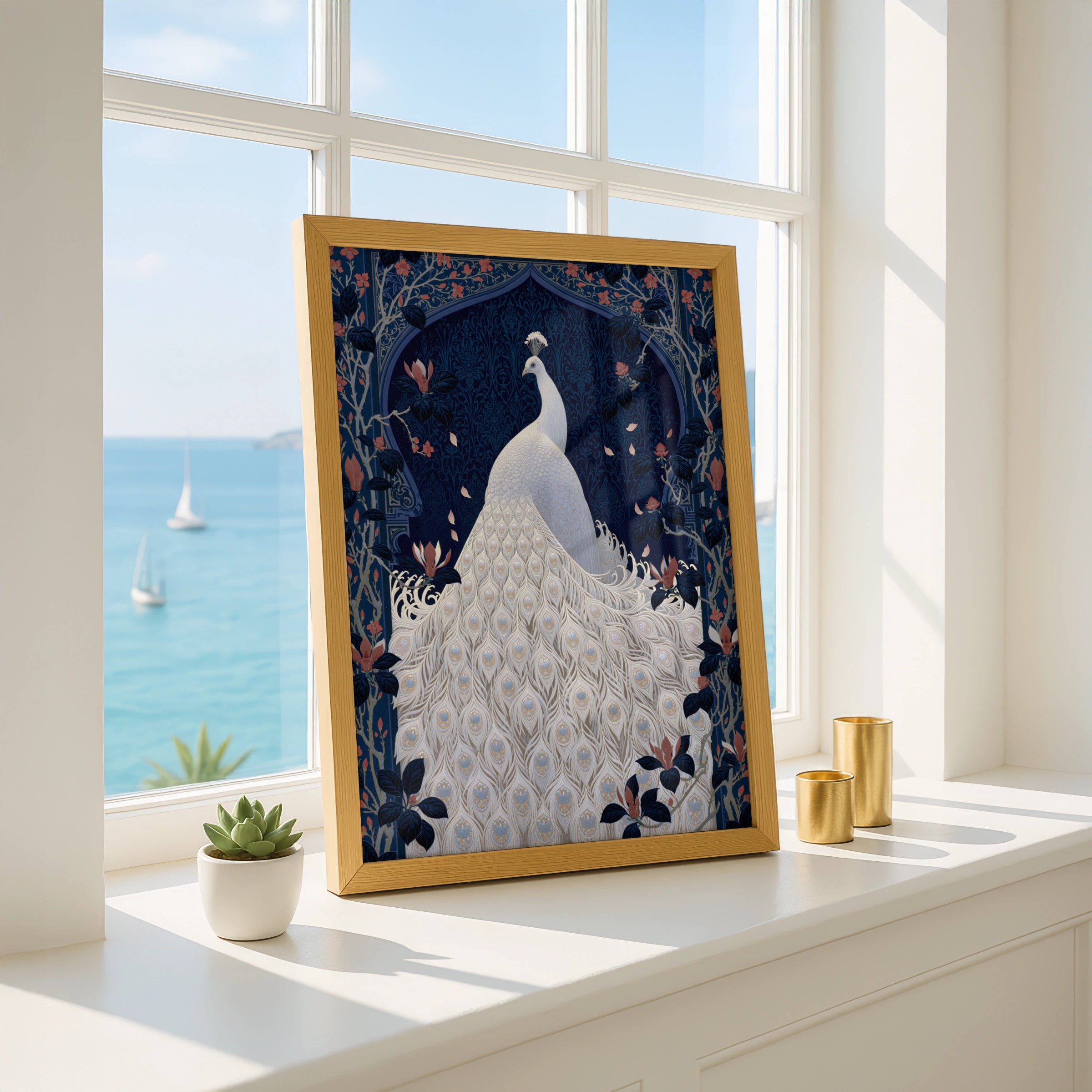 Elegant Peacock Artwork, White Plumage Poster, Floral Design, Wall Art for Home Decor