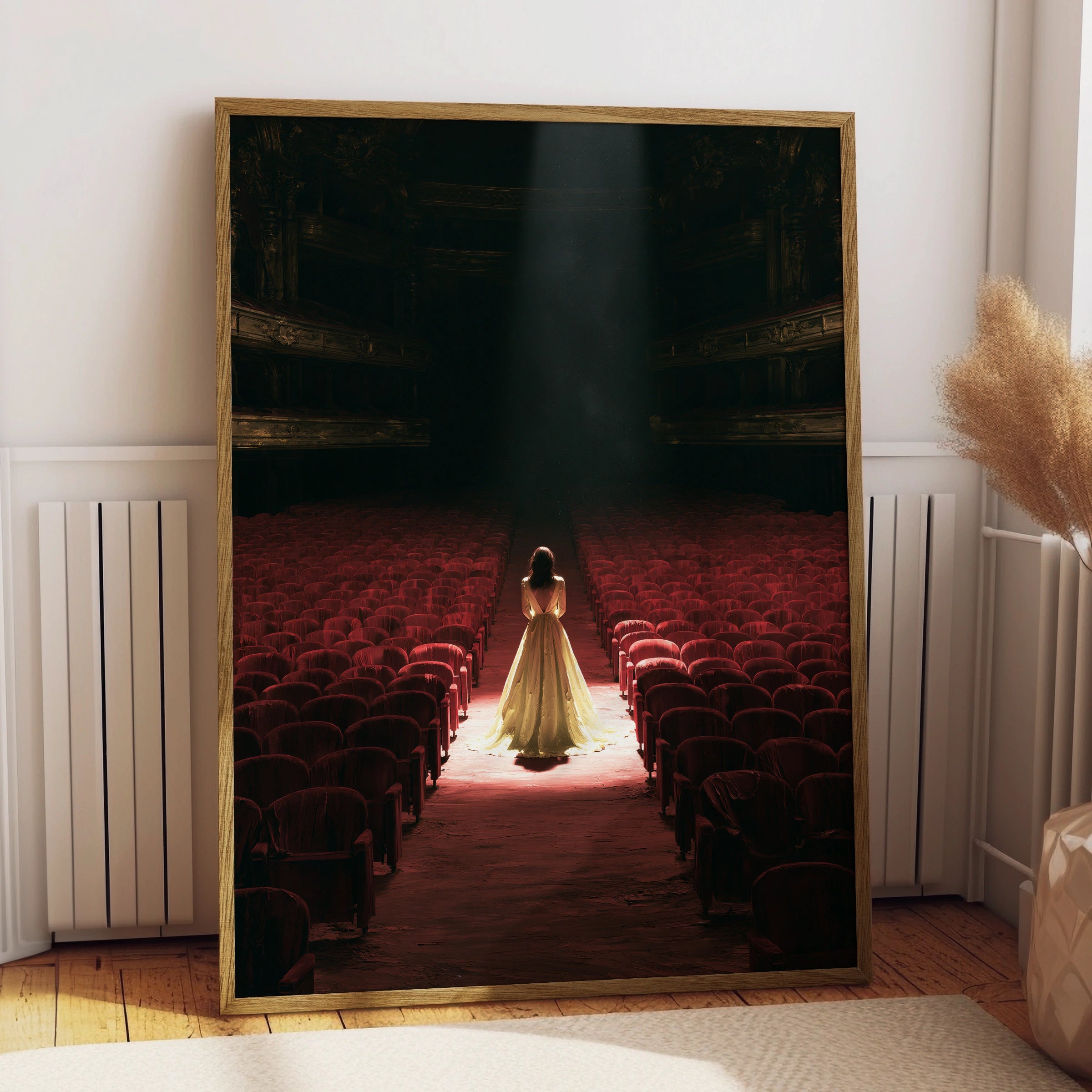 Theatre Scene, Woman in Yellow Dress, Wall Art Print, Dramatic Lighting, Home Decor