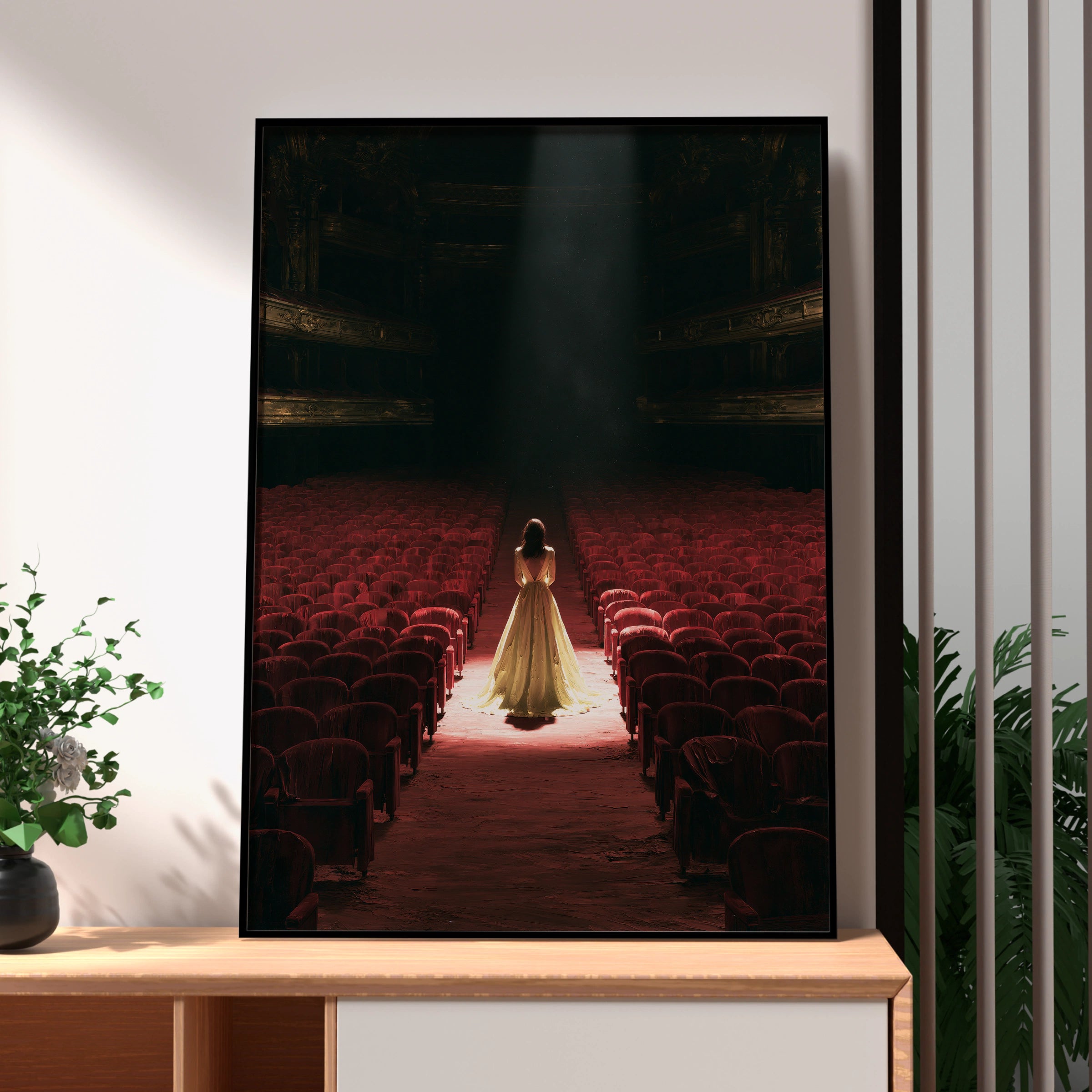 Theatre Scene, Woman in Yellow Dress, Wall Art Print, Dramatic Lighting, Home Decor
