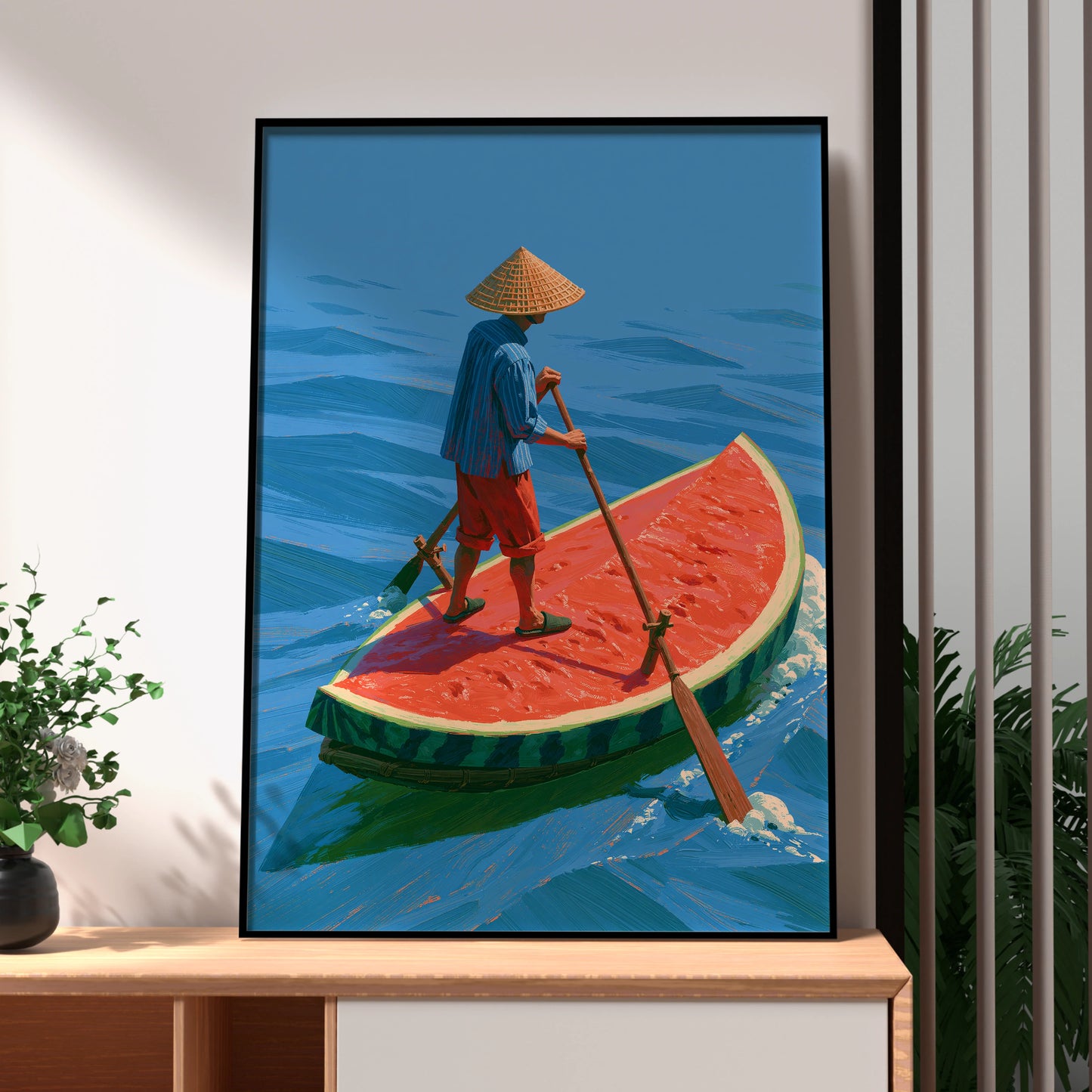 Watermelon Boat, Whimsical Art, Playful Decor, Colourful Illustration, Nautical Scene