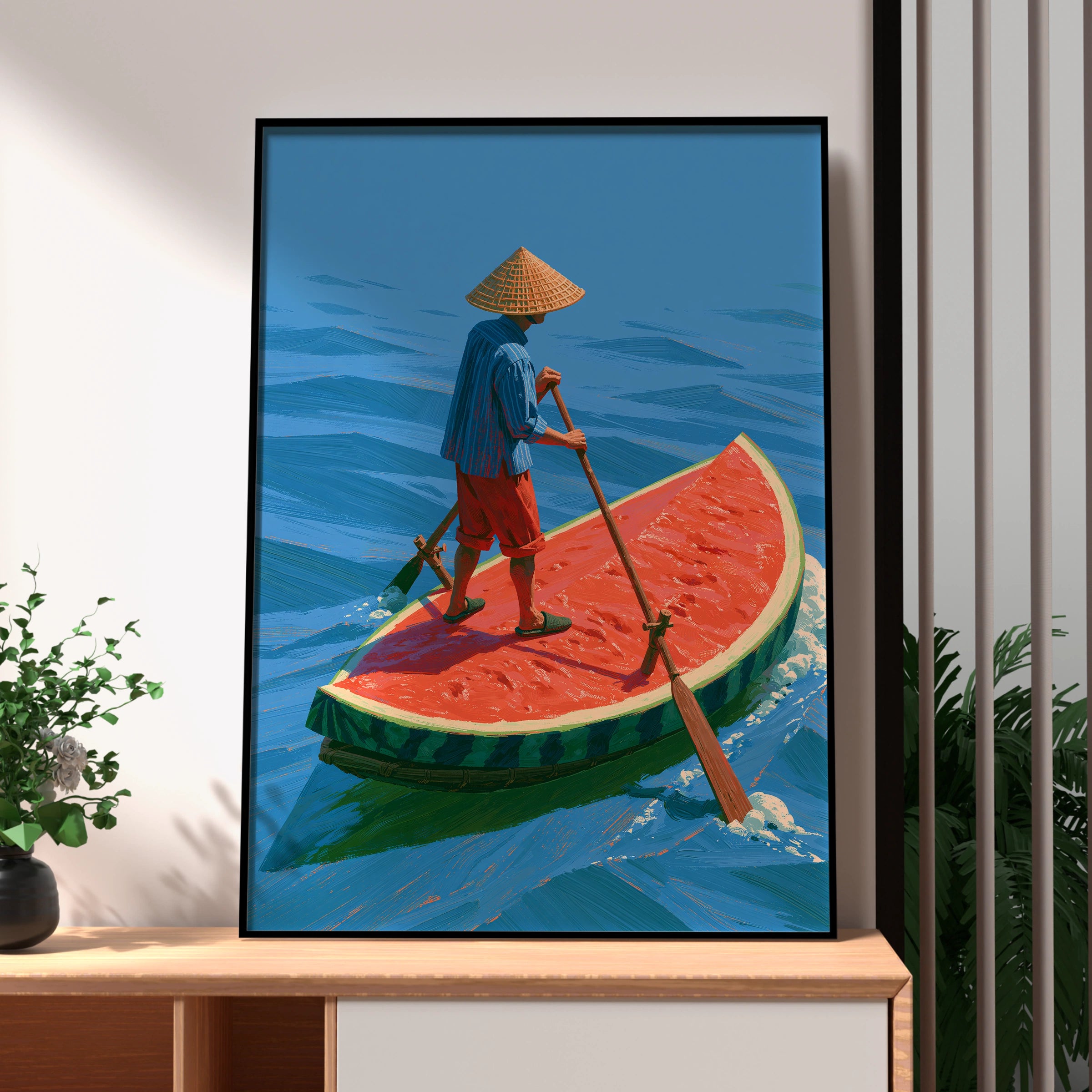 Watermelon Boat, Whimsical Art, Playful Decor, Colourful Illustration, Nautical Scene