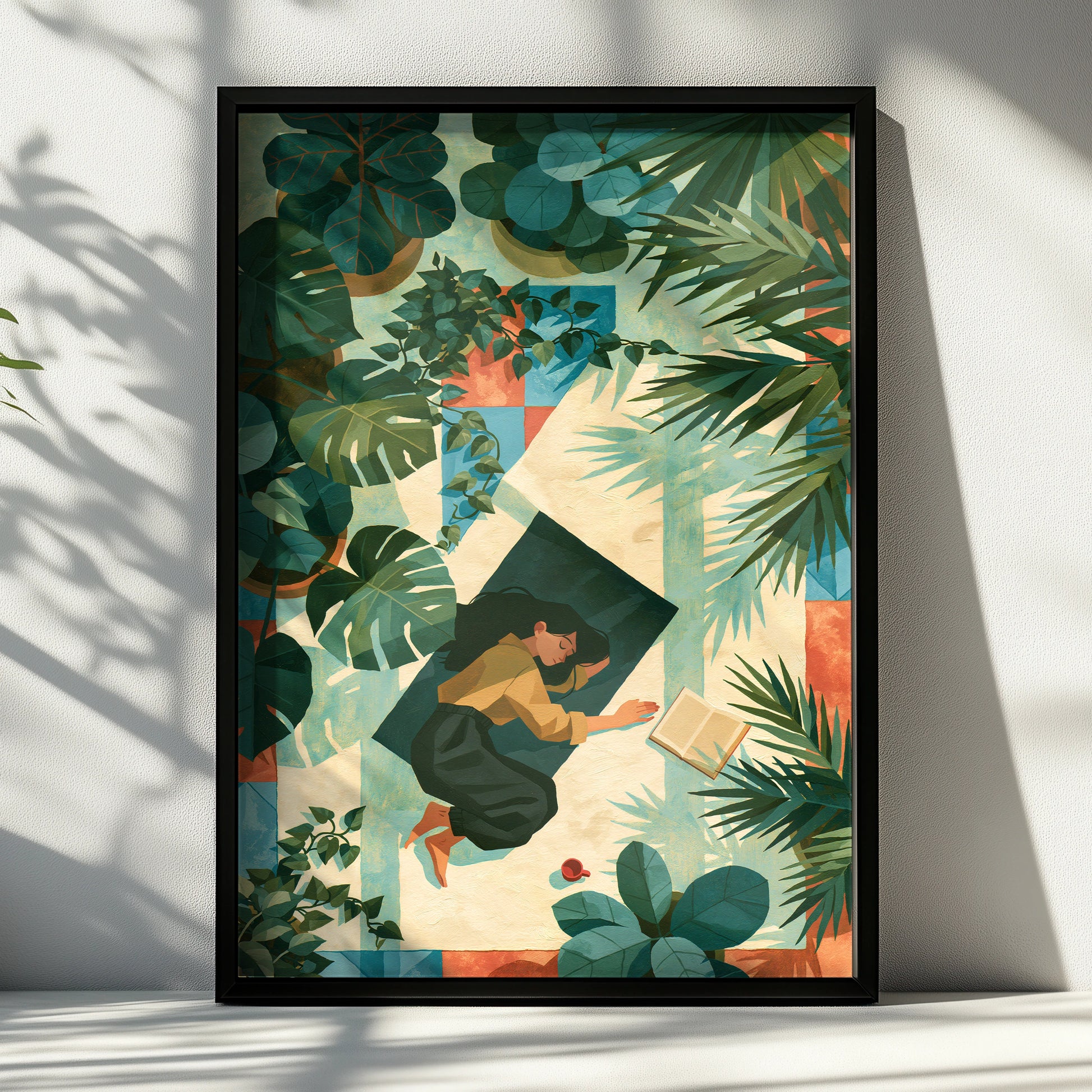 Reading Girl Surrounded by Plants, Art Print, Colourful Peaceful Home Decor