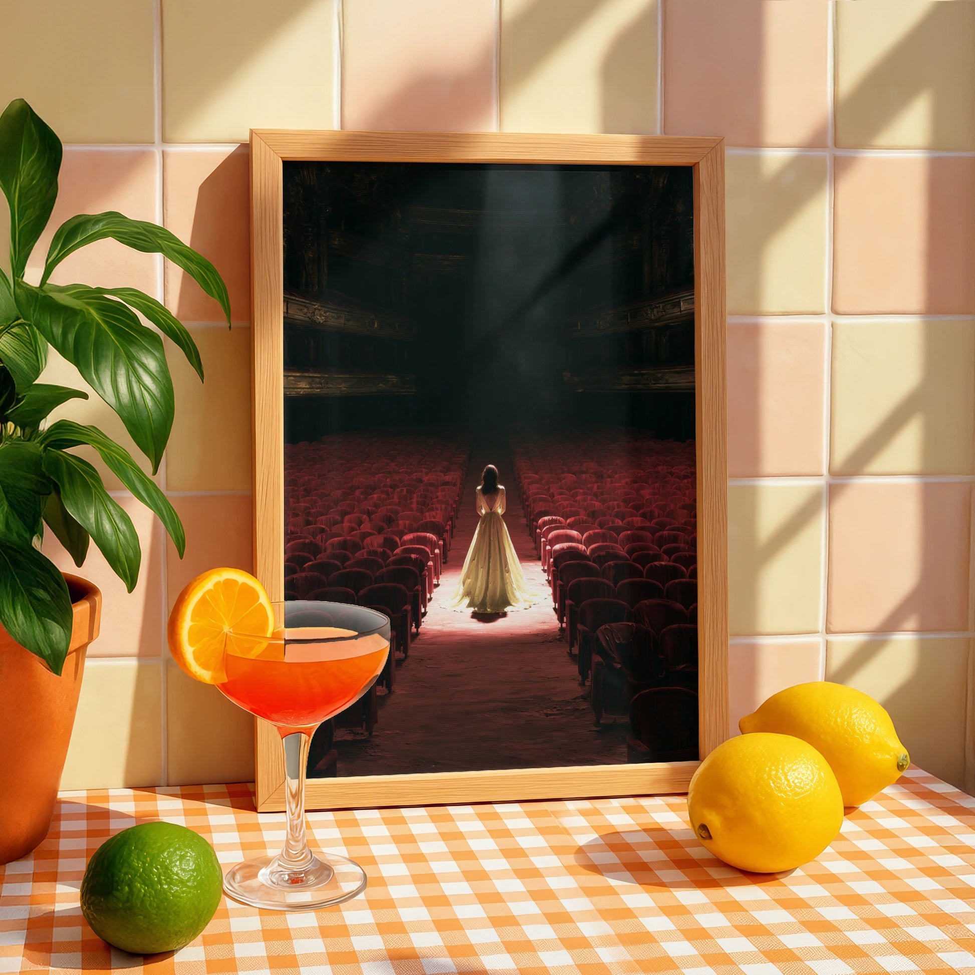 Theatre Scene, Woman in Yellow Dress, Wall Art Print, Dramatic Lighting, Home Decor