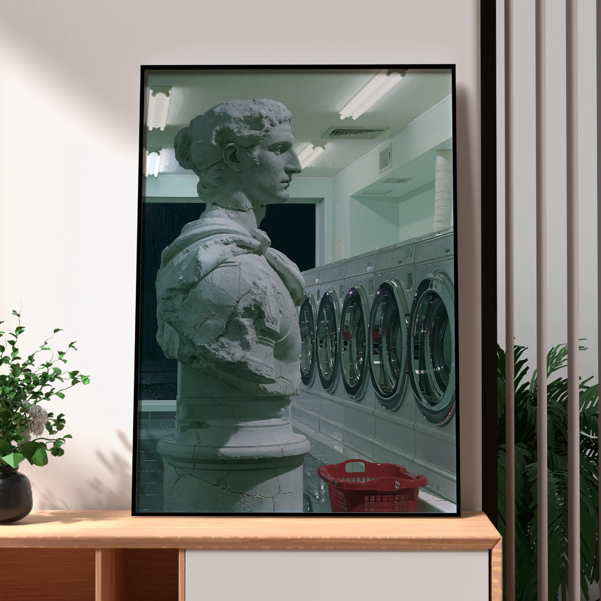 Statue in Laundry Room, Modern Art Print, Unique Home Decor, Minimalist Print, Green and Grey Tones
