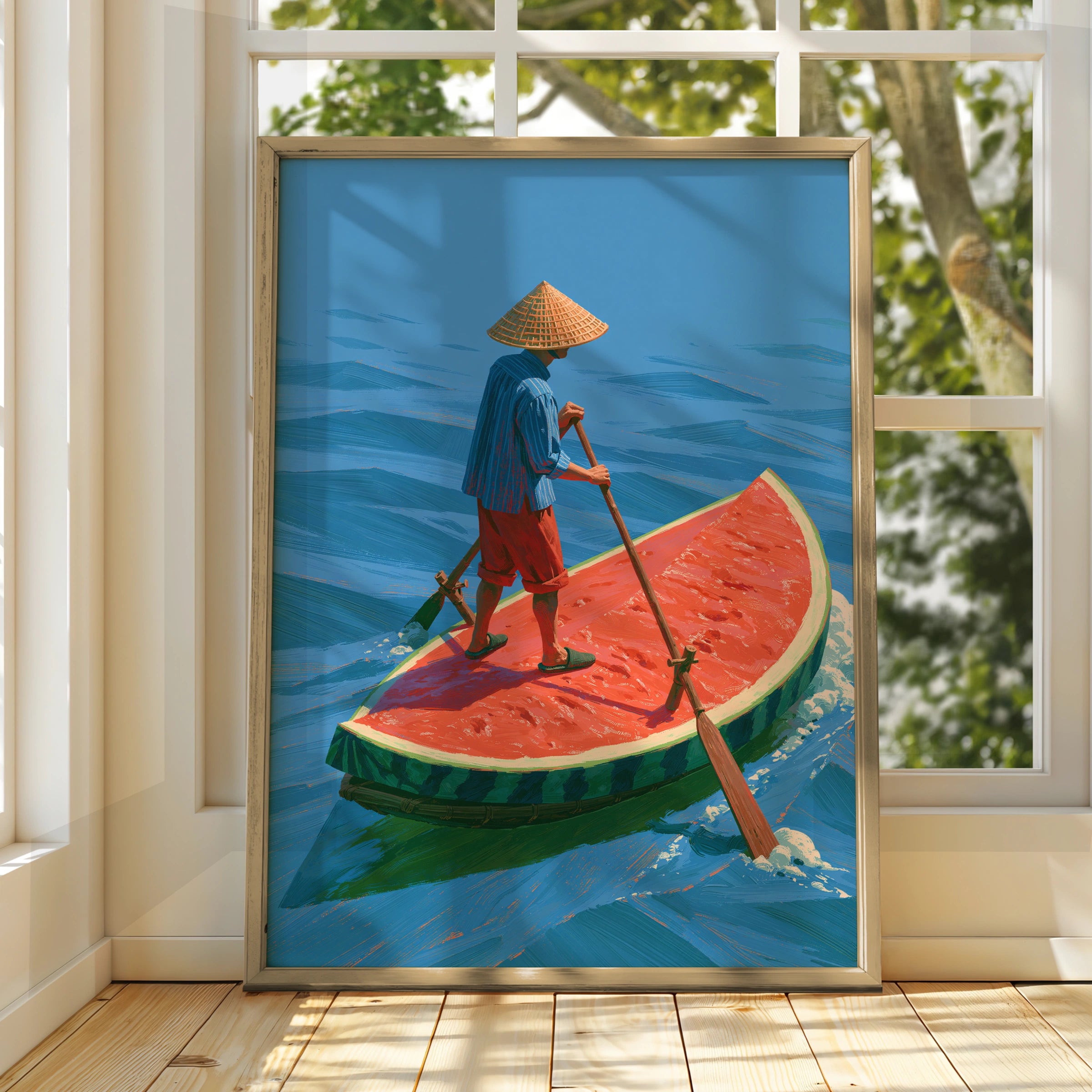 Watermelon Boat, Whimsical Art, Playful Decor, Colourful Illustration, Nautical Scene