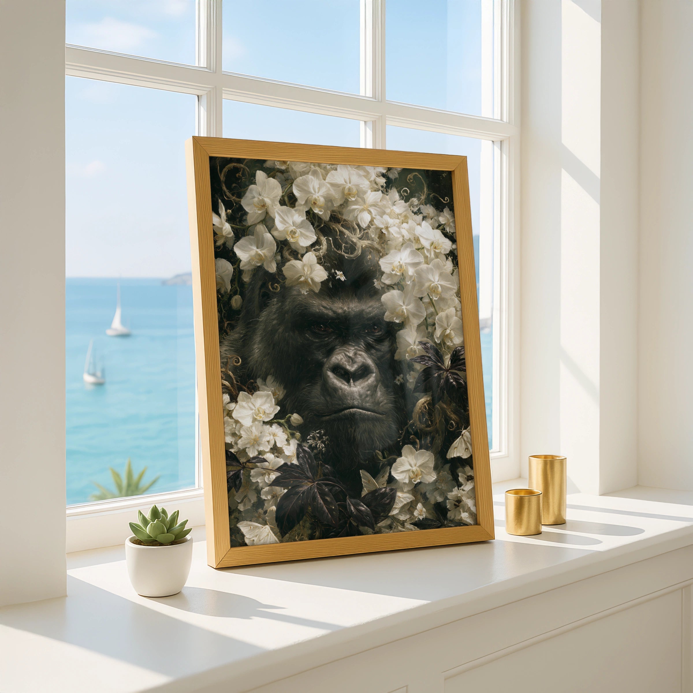 Gorilla Among Flowers, Wall Art Print, Nature, Botanical, Wildlife Decor