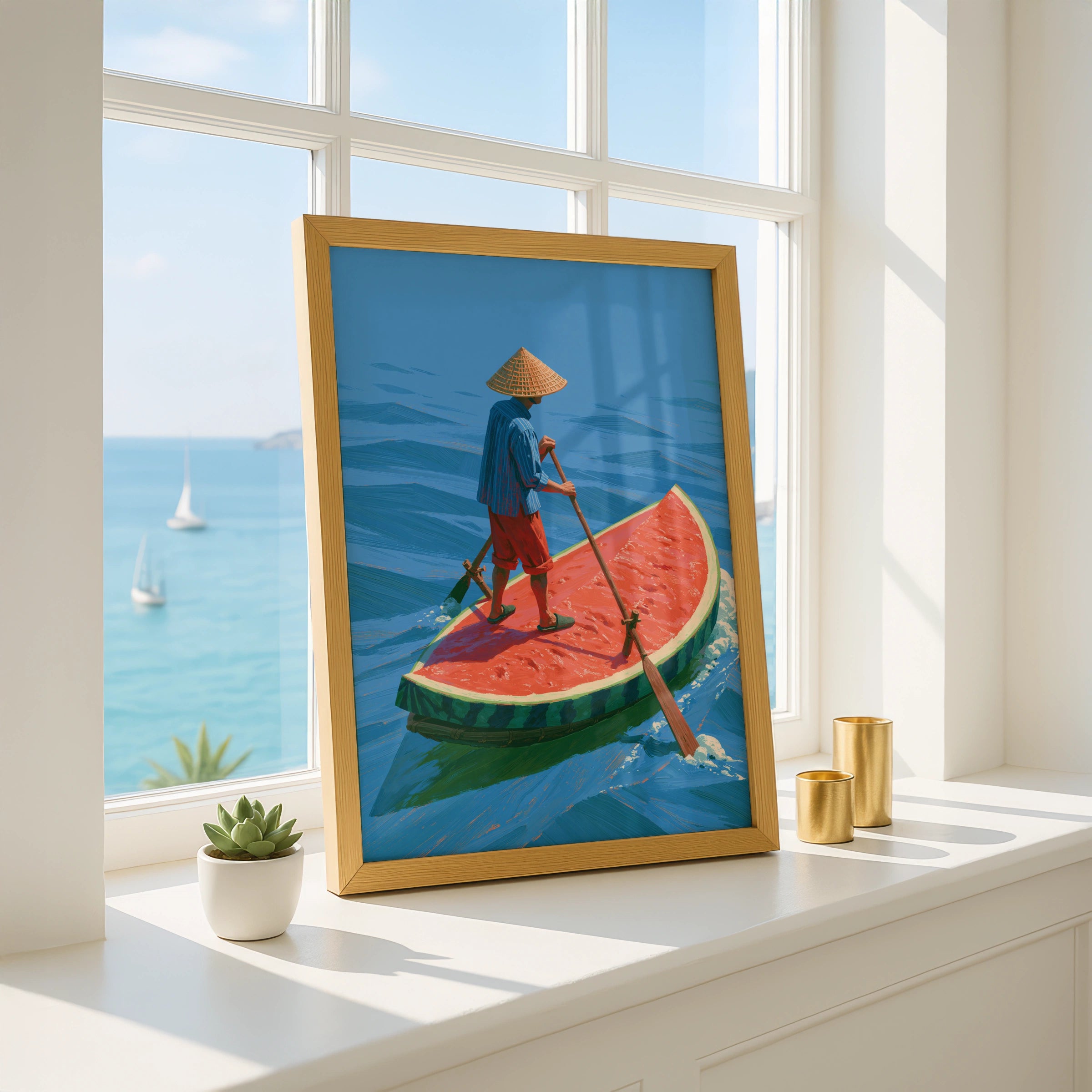 Watermelon Boat, Whimsical Art, Playful Decor, Colourful Illustration, Nautical Scene