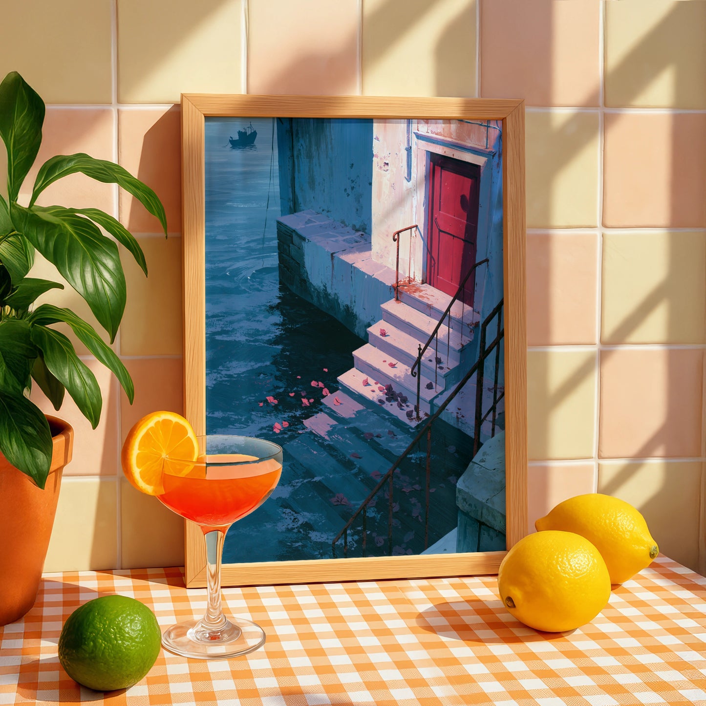 Water Steps Scene, Art Print, Colourful Wall Decor, Vibrant City Art, Modern Home Style