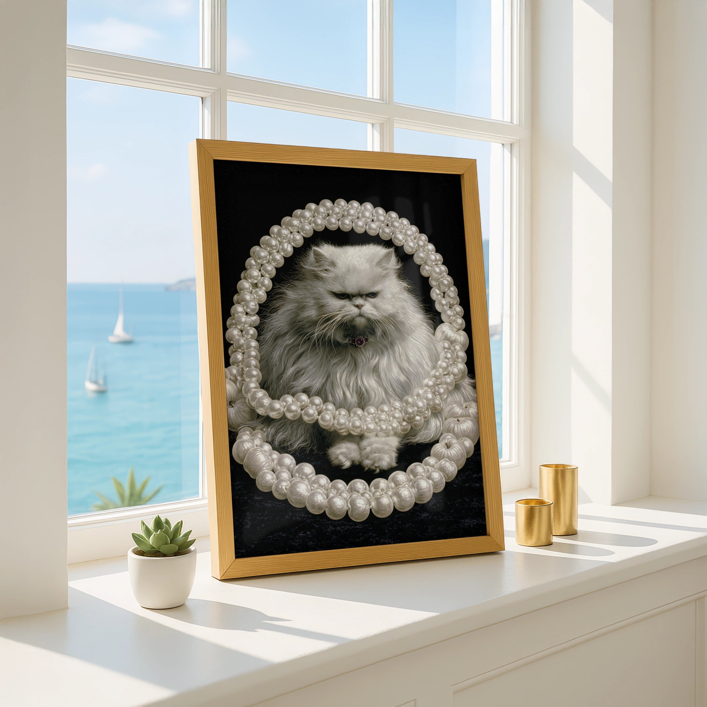 Persian Cat with Pearls Wall Art, Elegant Home Decor, Unique Cat Portrait, Pet Lover Gift
