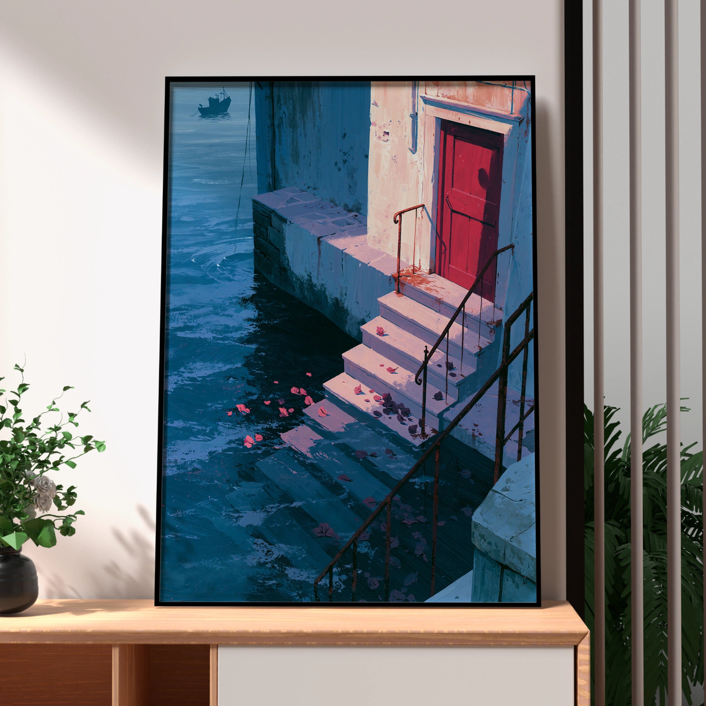 Water Steps Scene, Art Print, Colourful Wall Decor, Vibrant City Art, Modern Home Style