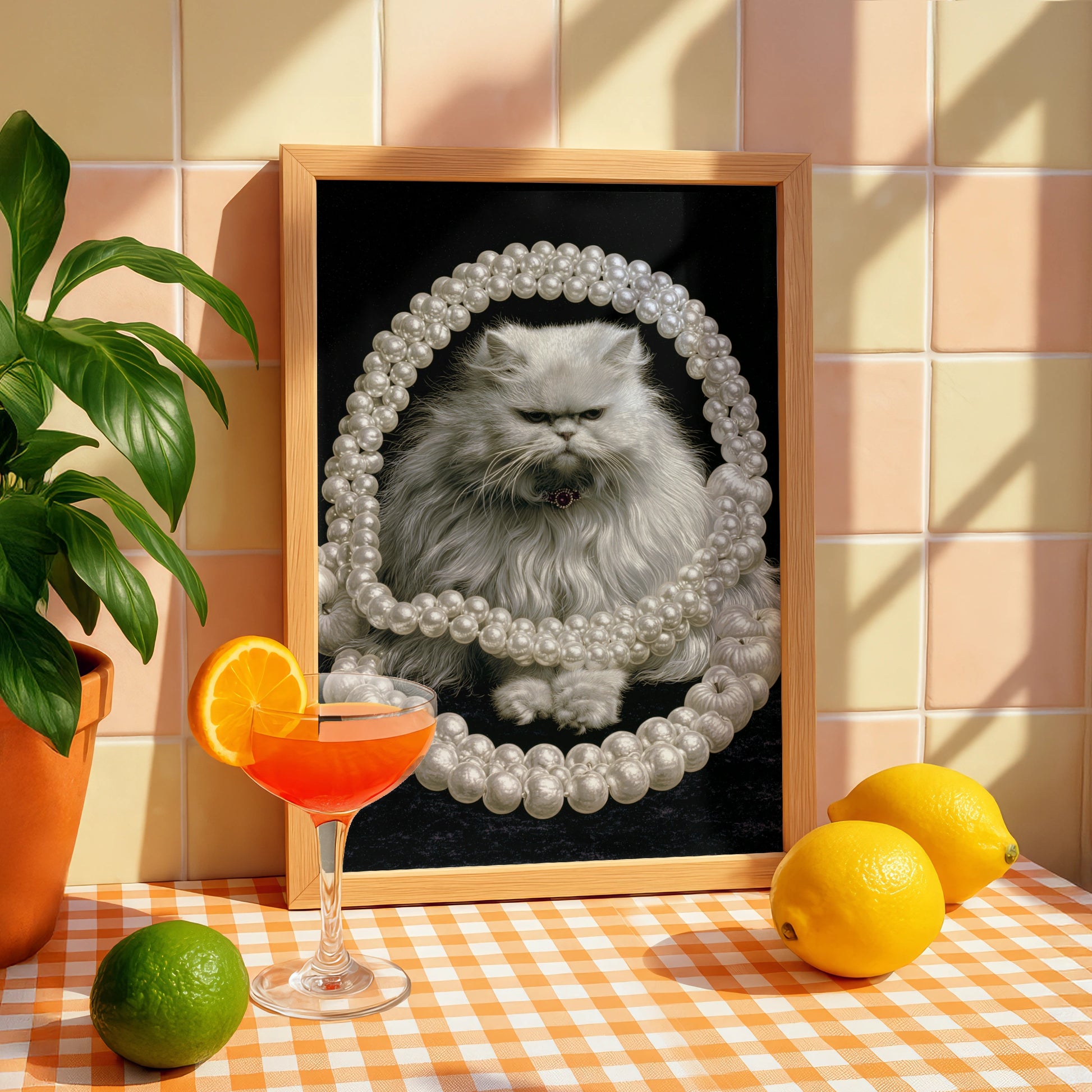Persian Cat with Pearls Wall Art, Elegant Home Decor, Unique Cat Portrait, Pet Lover Gift