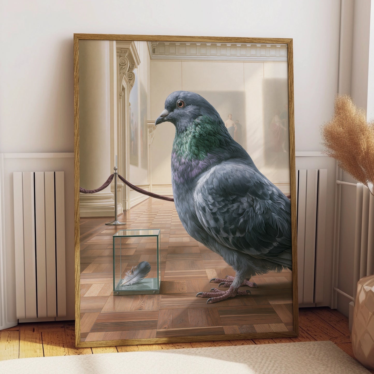 Pigeon Art Scene, Museum Display, Surreal Wall Decor, Unique Bird Poster, Contemporary Style