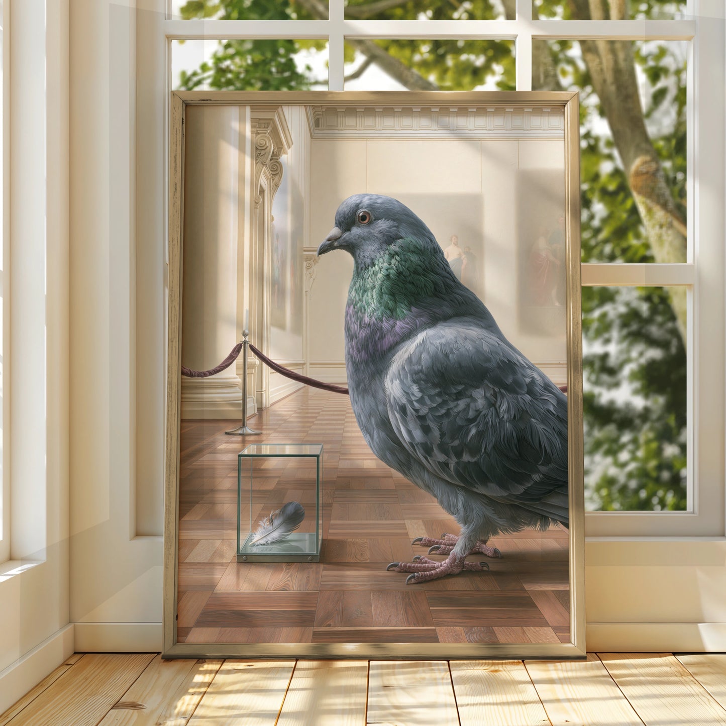 Pigeon Art Scene, Museum Display, Surreal Wall Decor, Unique Bird Poster, Contemporary Style