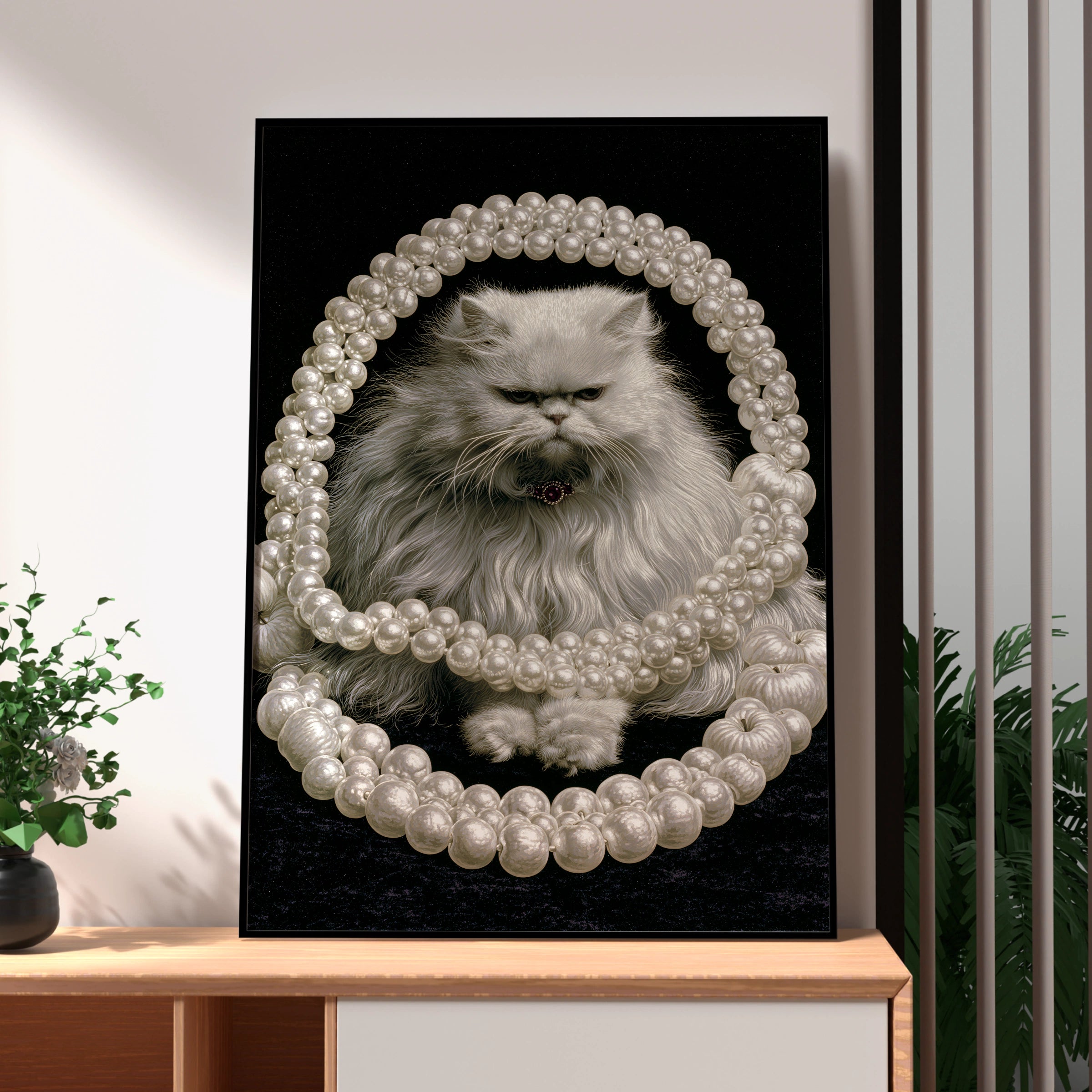 Persian Cat with Pearls Wall Art, Elegant Home Decor, Unique Cat Portrait, Pet Lover Gift