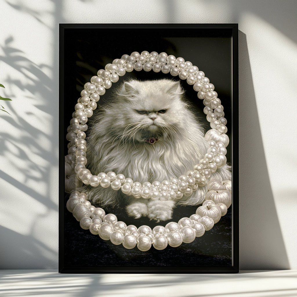 Persian Cat with Pearls Wall Art, Elegant Home Decor, Unique Cat Portrait, Pet Lover Gift