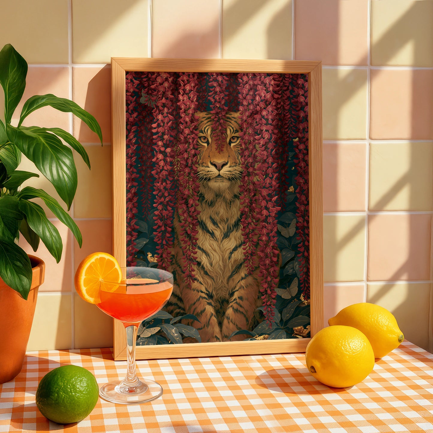 Tiger Behind Blossoming Flowers, Wall Art Print, Nature-Inspired Decor, Rustic Home Style