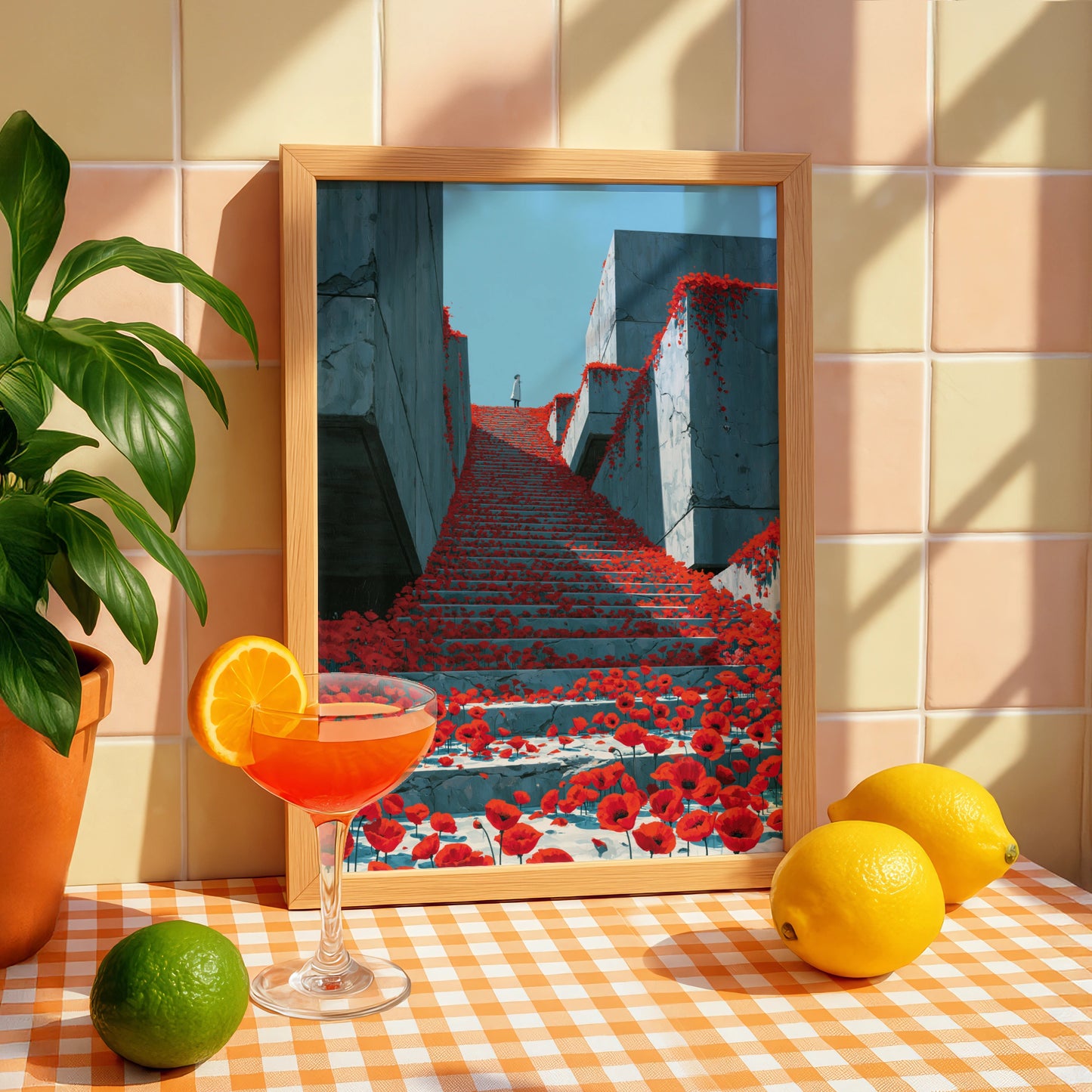 Stairs with Poppies, Abstract Wall Art Print, Modern Minimalist Decor, Colourful Floral