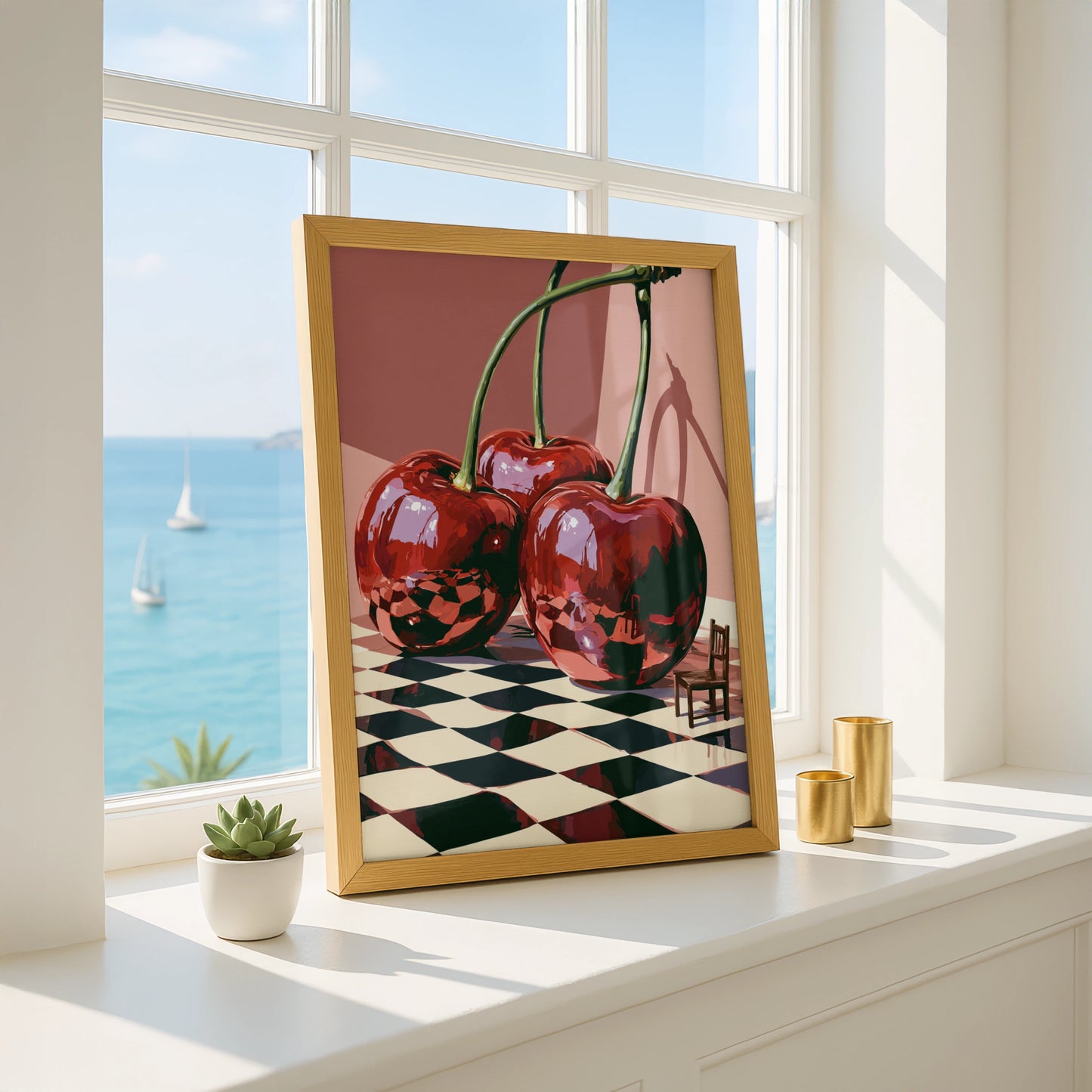 Cherry Scene Painting, Bold Print, Colourful Art, Playful Design, Modern Aesthetic