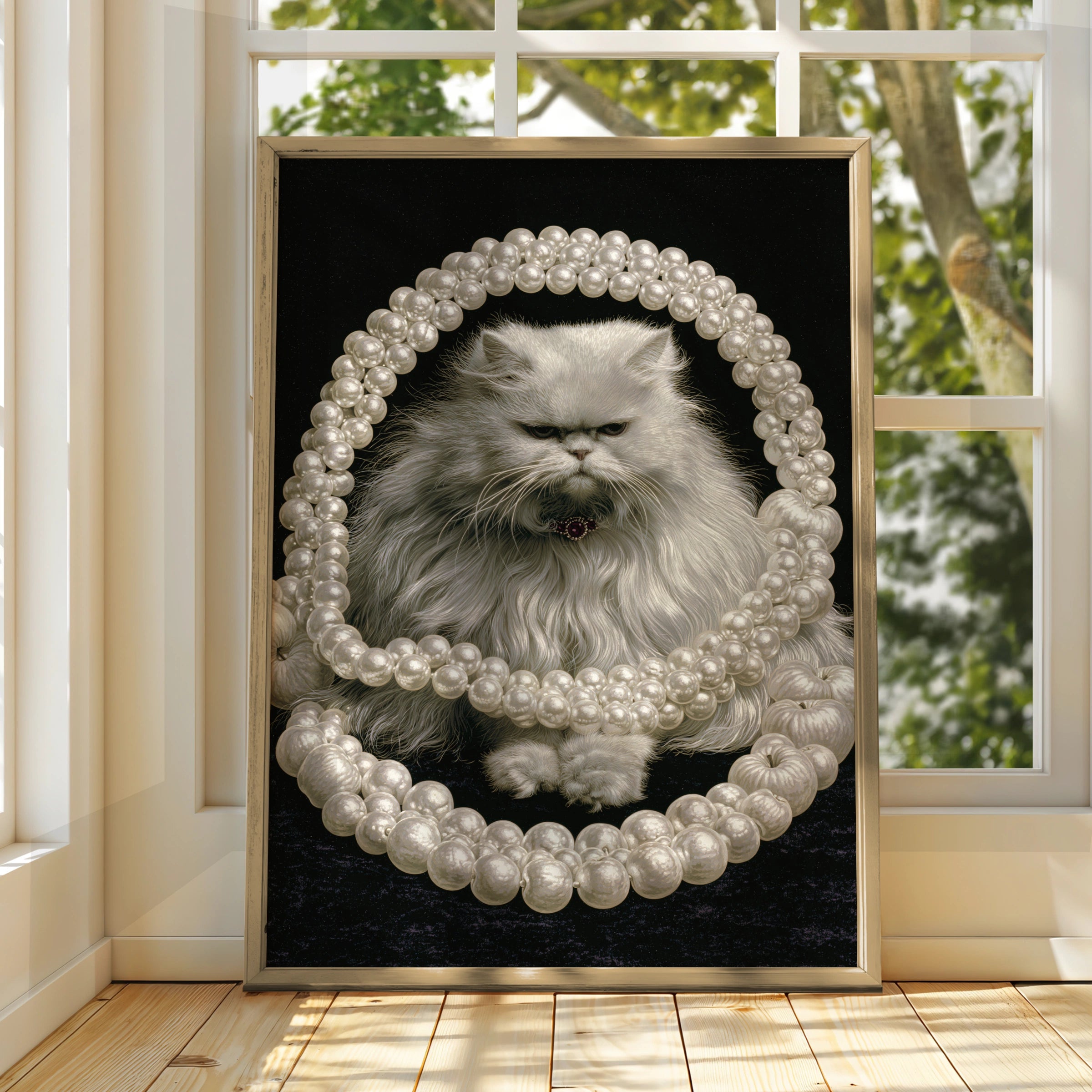Persian Cat with Pearls Wall Art, Elegant Home Decor, Unique Cat Portrait, Pet Lover Gift