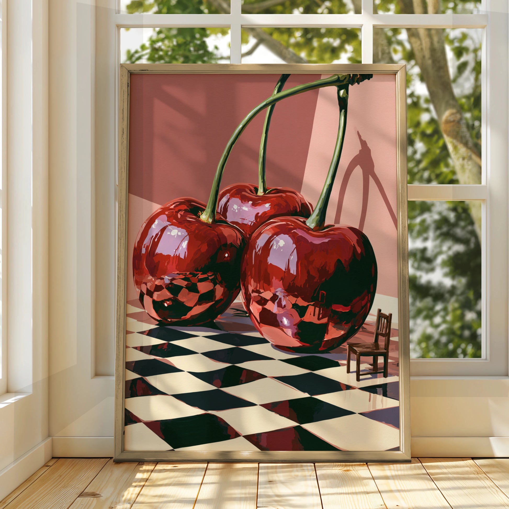Cherry Scene Painting, Bold Print, Colourful Art, Playful Design, Modern Aesthetic