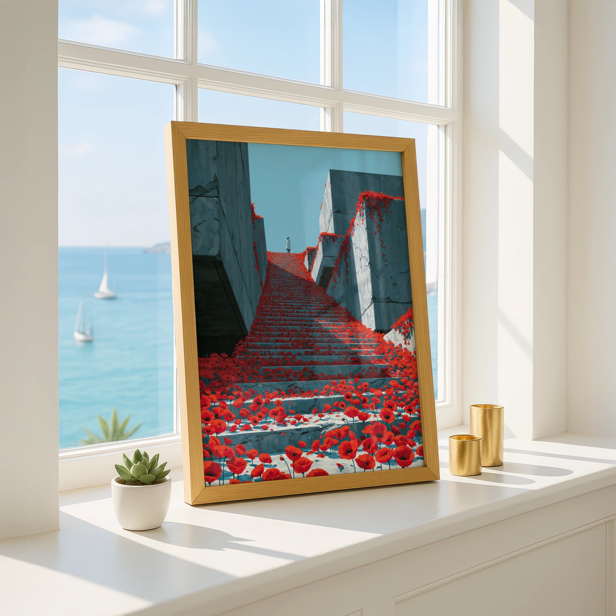 Stairs with Poppies, Abstract Wall Art Print, Modern Minimalist Decor, Colourful Floral