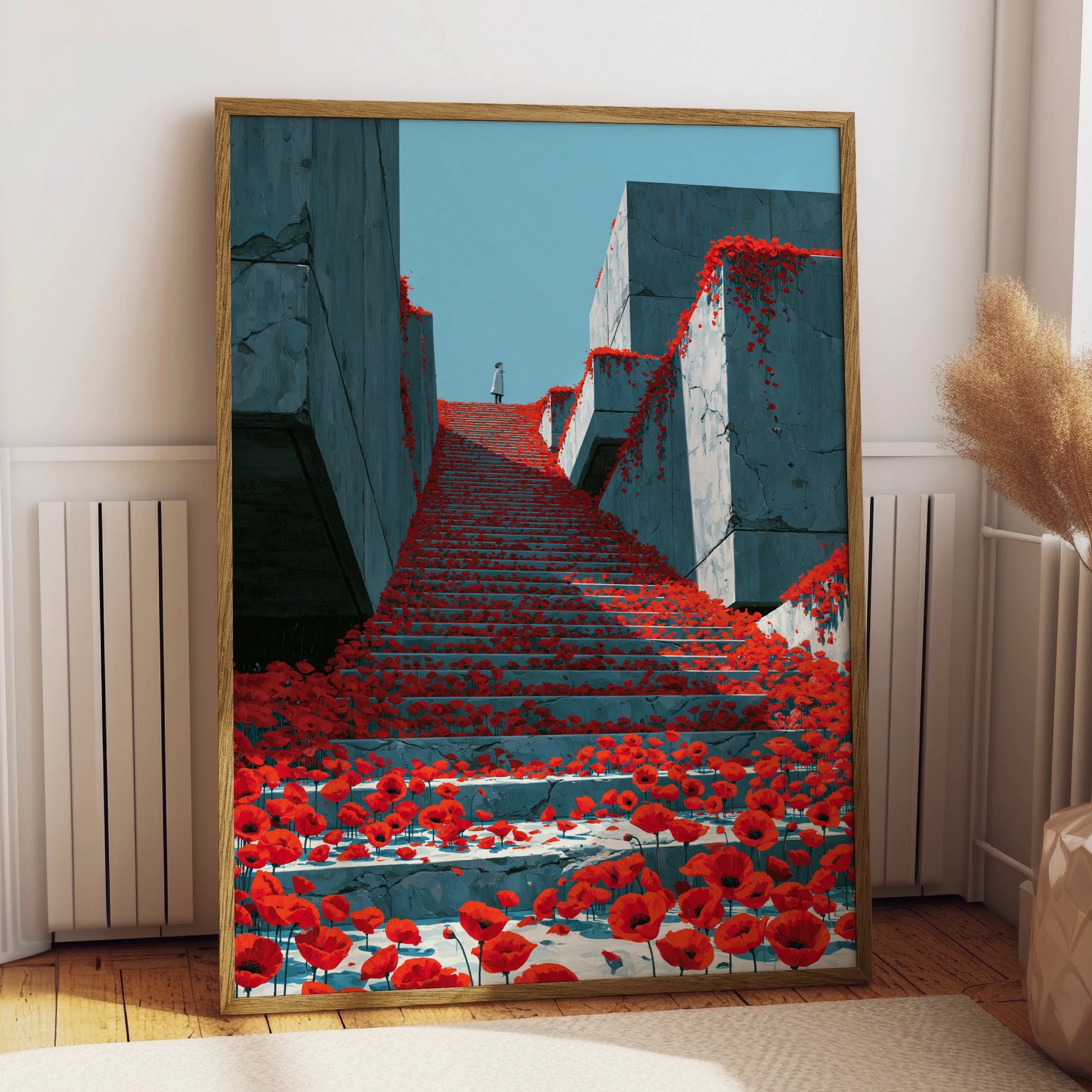 Stairs with Poppies, Abstract Wall Art Print, Modern Minimalist Decor, Colourful Floral