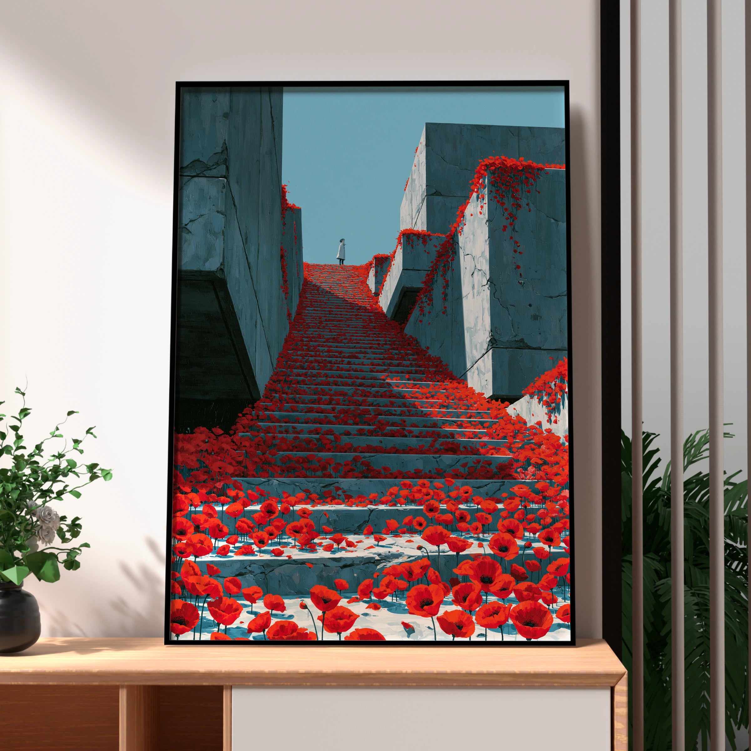 Stairs with Poppies, Abstract Wall Art Print, Modern Minimalist Decor, Colourful Floral