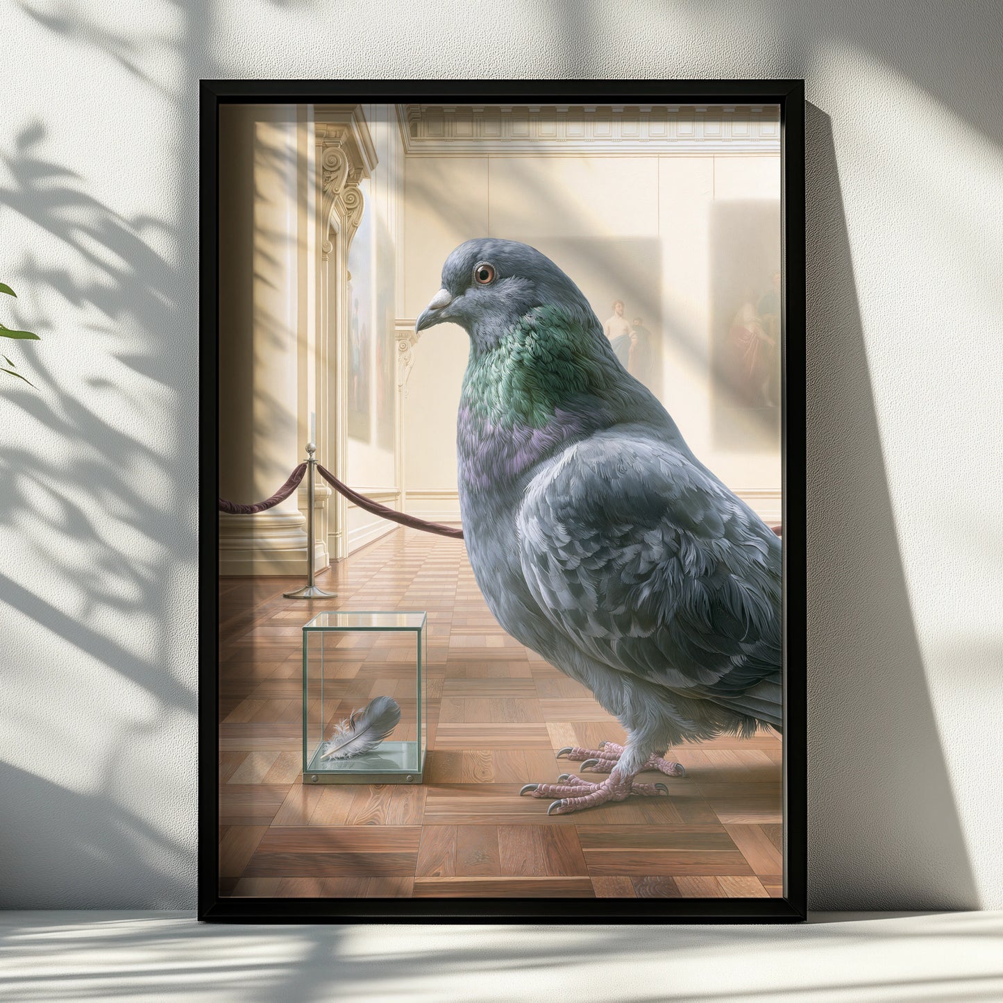 Pigeon Art Scene, Museum Display, Surreal Wall Decor, Unique Bird Poster, Contemporary Style