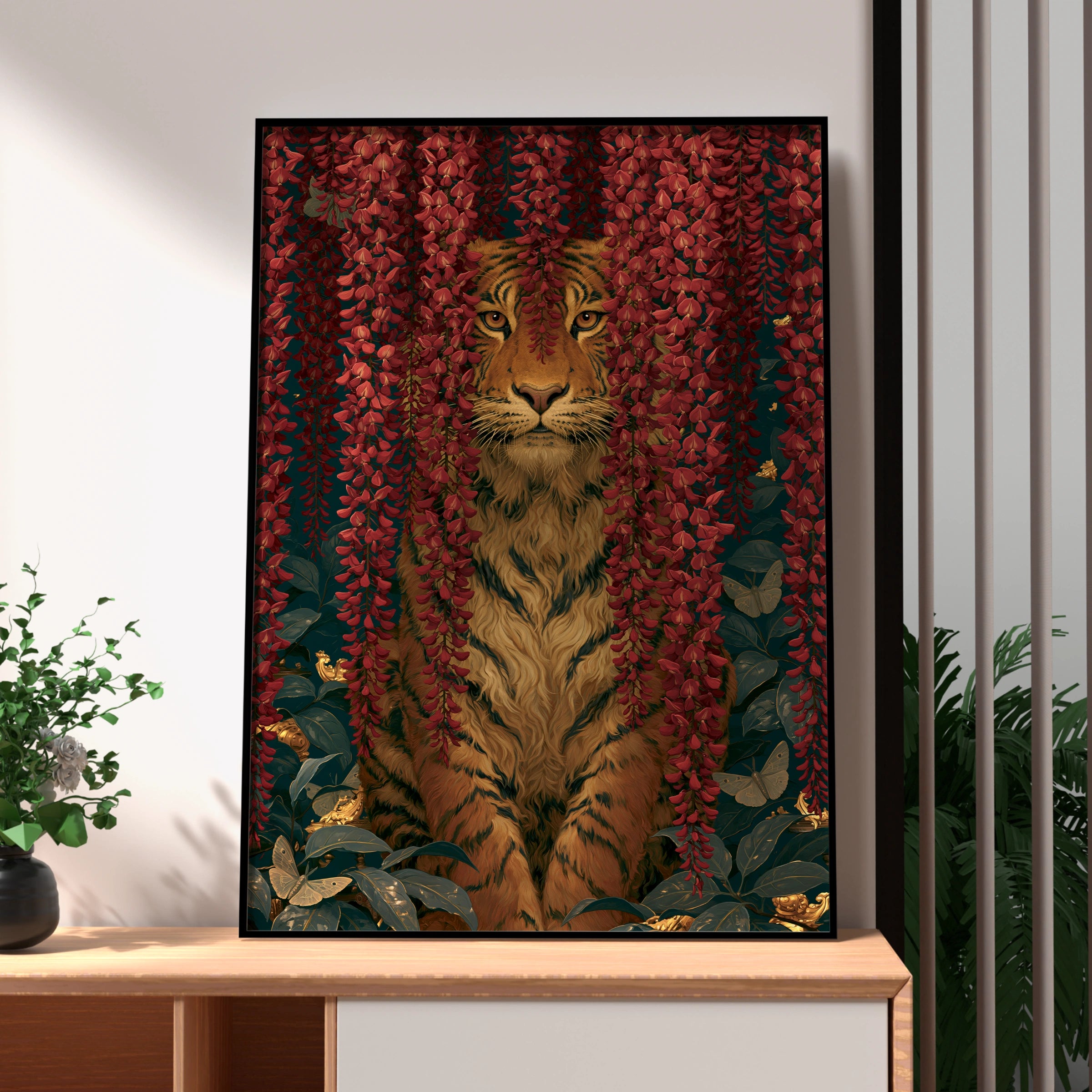 Tiger Behind Blossoming Flowers, Wall Art Print, Nature-Inspired Decor, Rustic Home Style