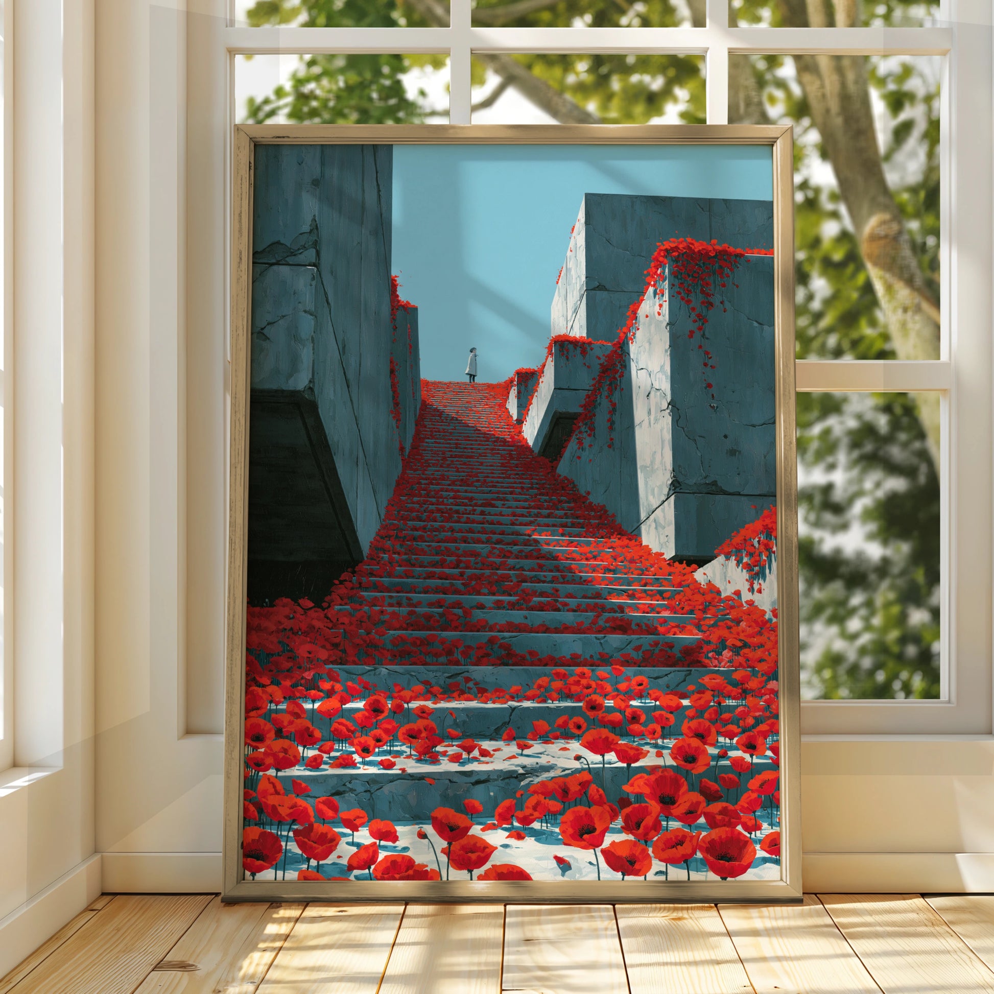 Stairs with Poppies, Abstract Wall Art Print, Modern Minimalist Decor, Colourful Floral