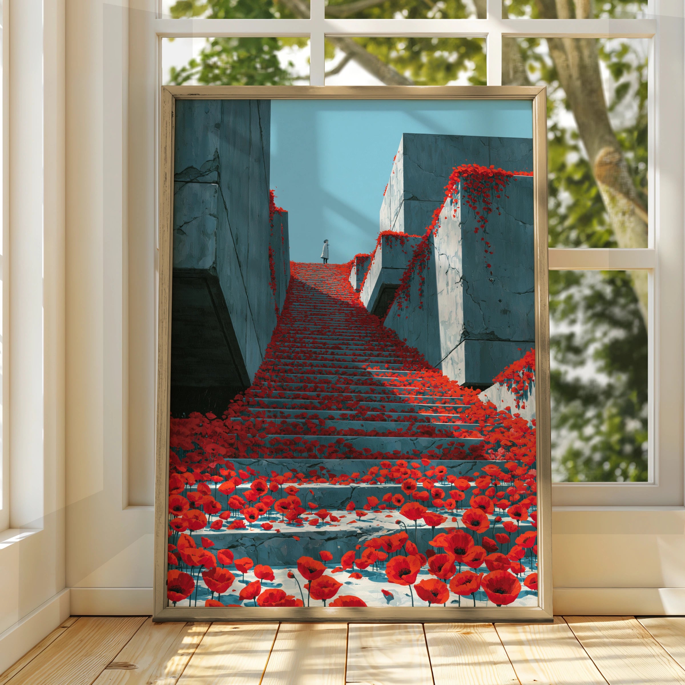 Stairs with Poppies, Abstract Wall Art Print, Modern Minimalist Decor, Colourful Floral