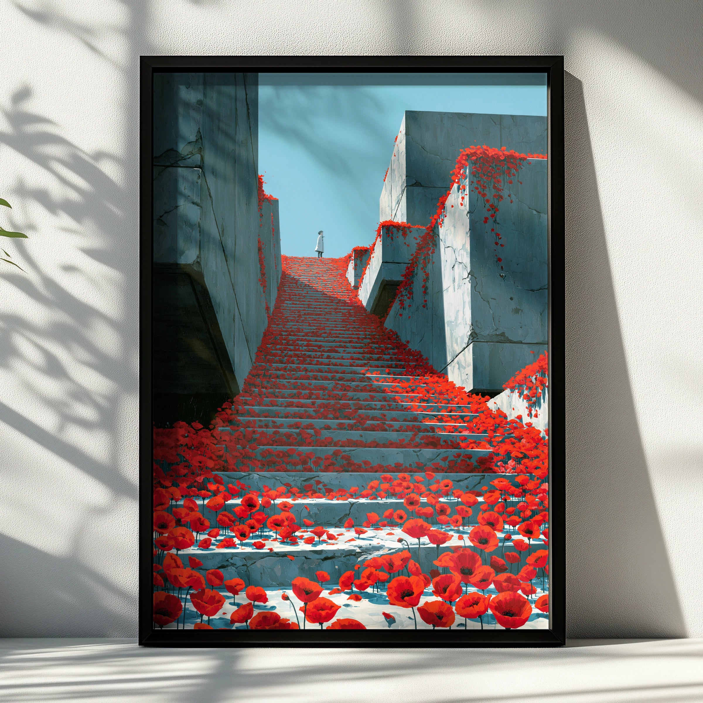 Stairs with Poppies, Abstract Wall Art Print, Modern Minimalist Decor, Colourful Floral