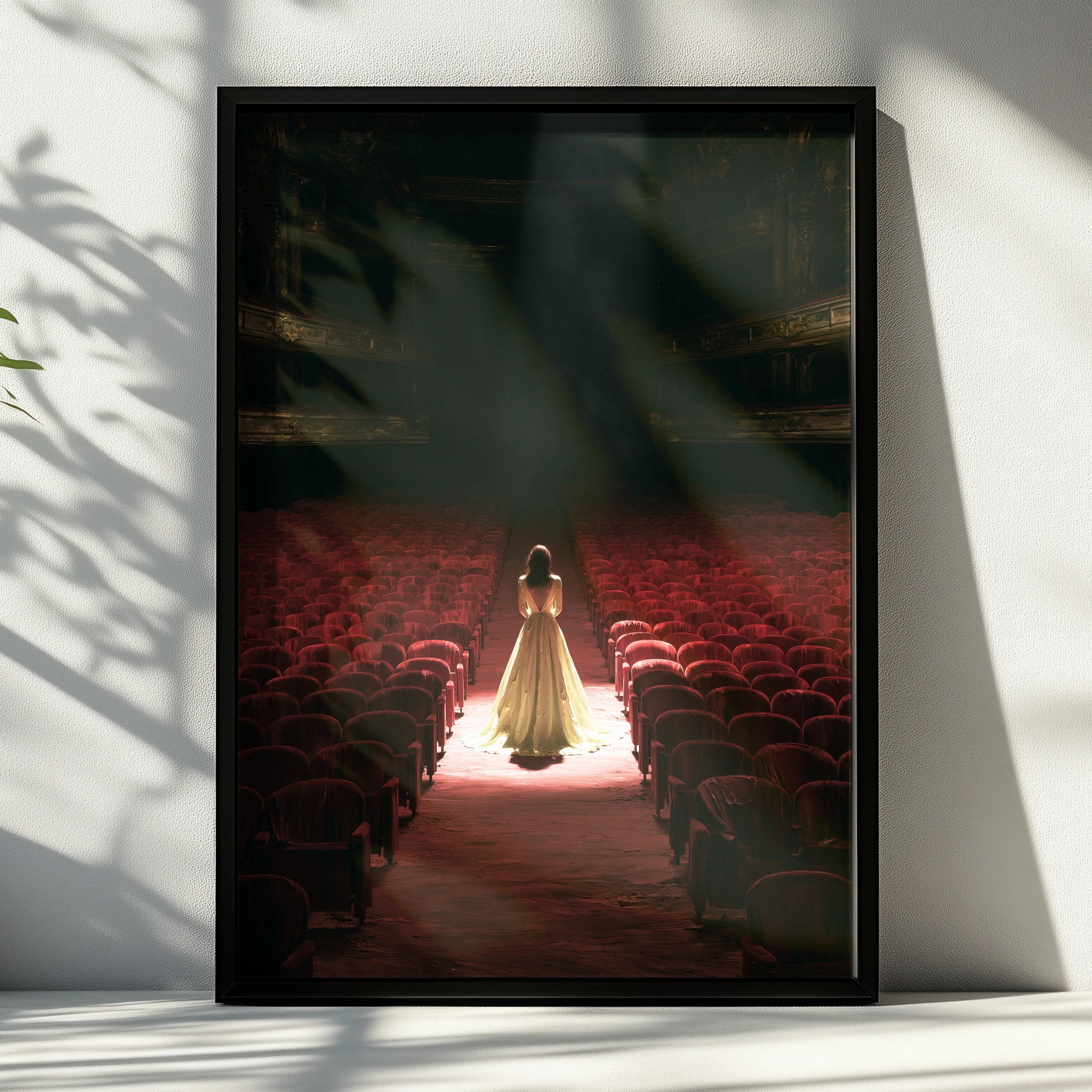 Theatre Scene, Woman in Yellow Dress, Wall Art Print, Dramatic Lighting, Home Decor