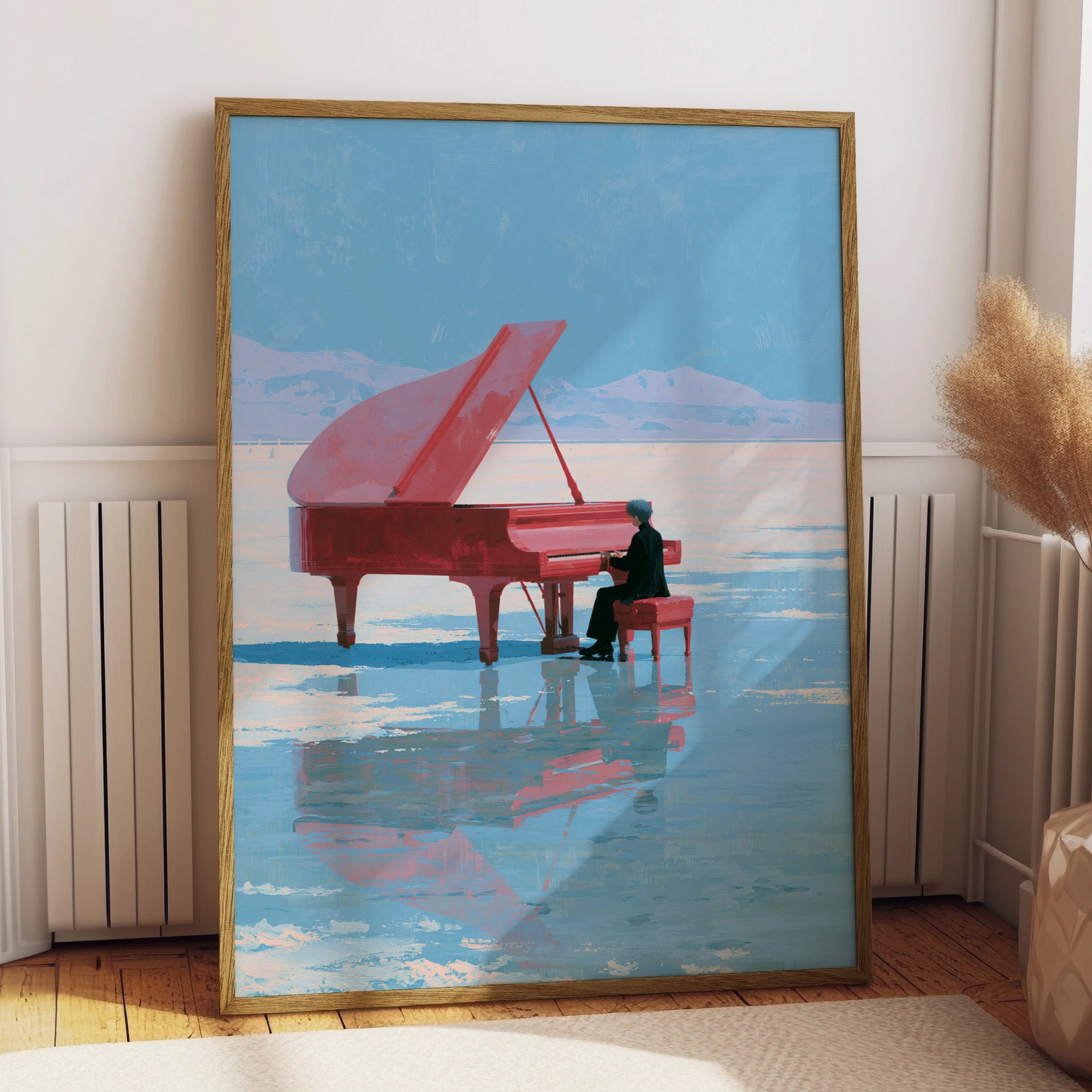 Red Piano on Ice Landscape, Surreal Art Print, Dreamy Minimalism, Unique Wall Decor