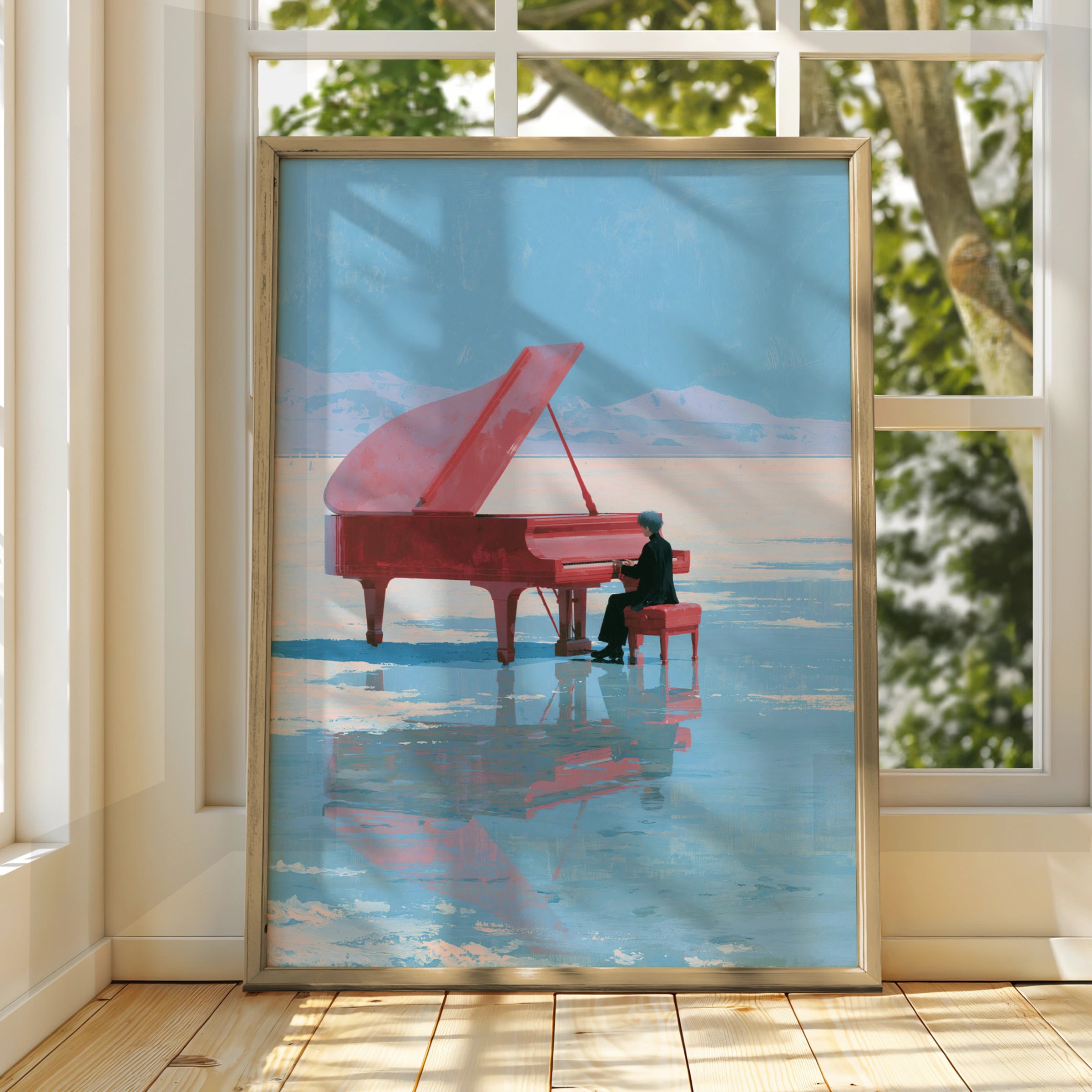 Red Piano on Ice Landscape, Surreal Art Print, Dreamy Minimalism, Unique Wall Decor
