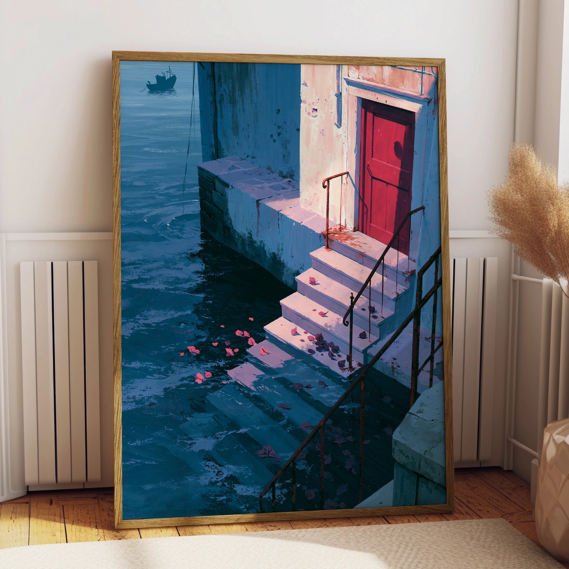 Water Steps Scene, Art Print, Colourful Wall Decor, Vibrant City Art, Modern Home Style