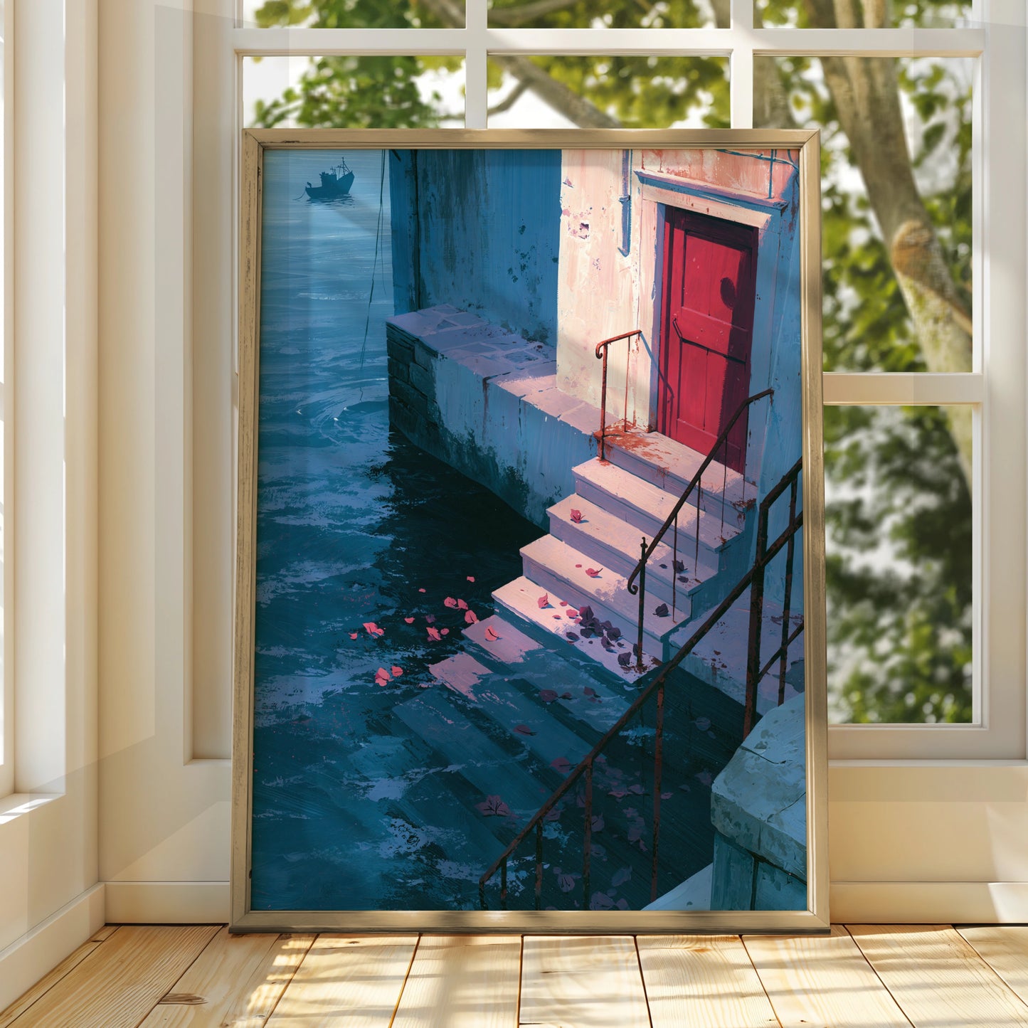 Water Steps Scene, Art Print, Colourful Wall Decor, Vibrant City Art, Modern Home Style