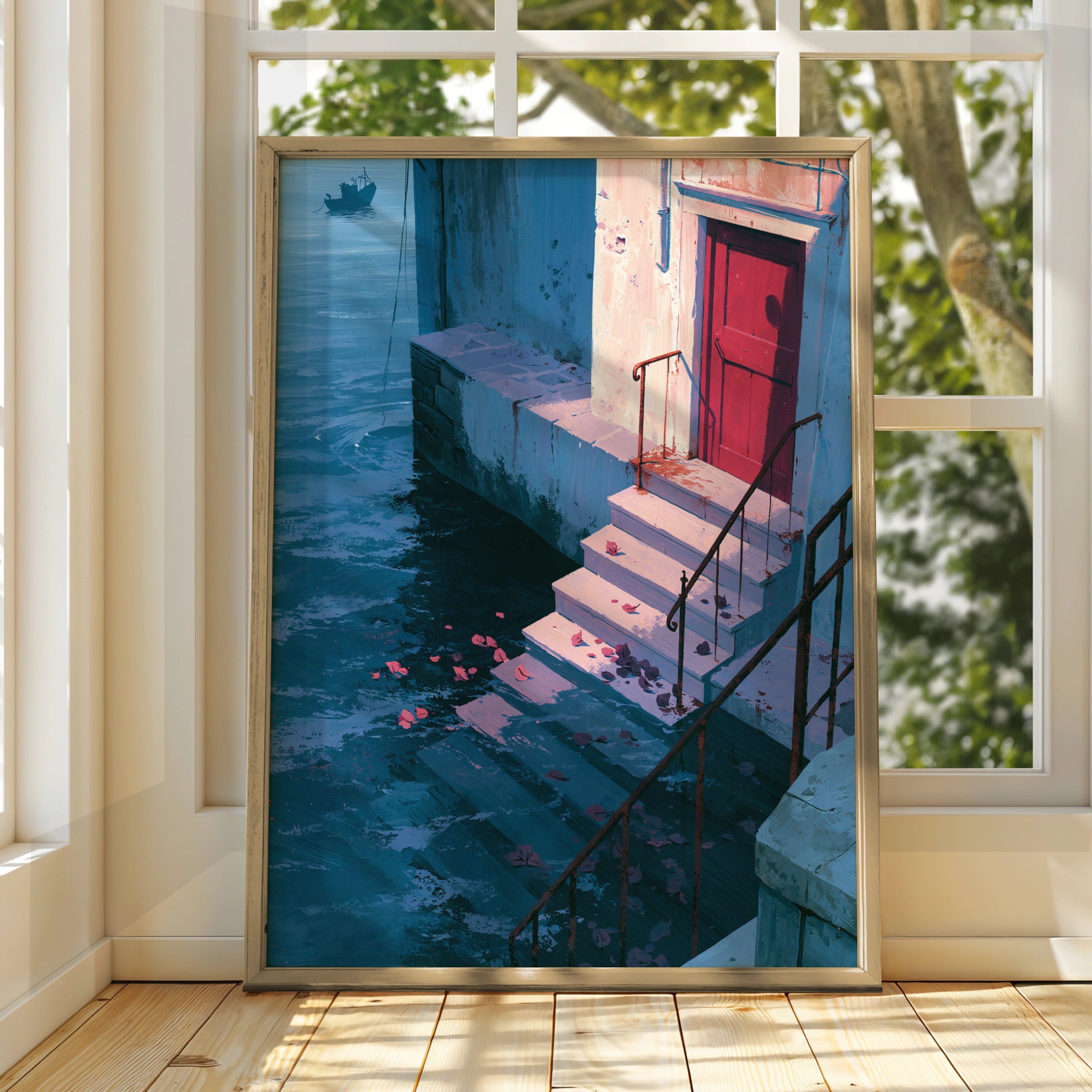 Water Steps Scene, Art Print, Colourful Wall Decor, Vibrant City Art, Modern Home Style