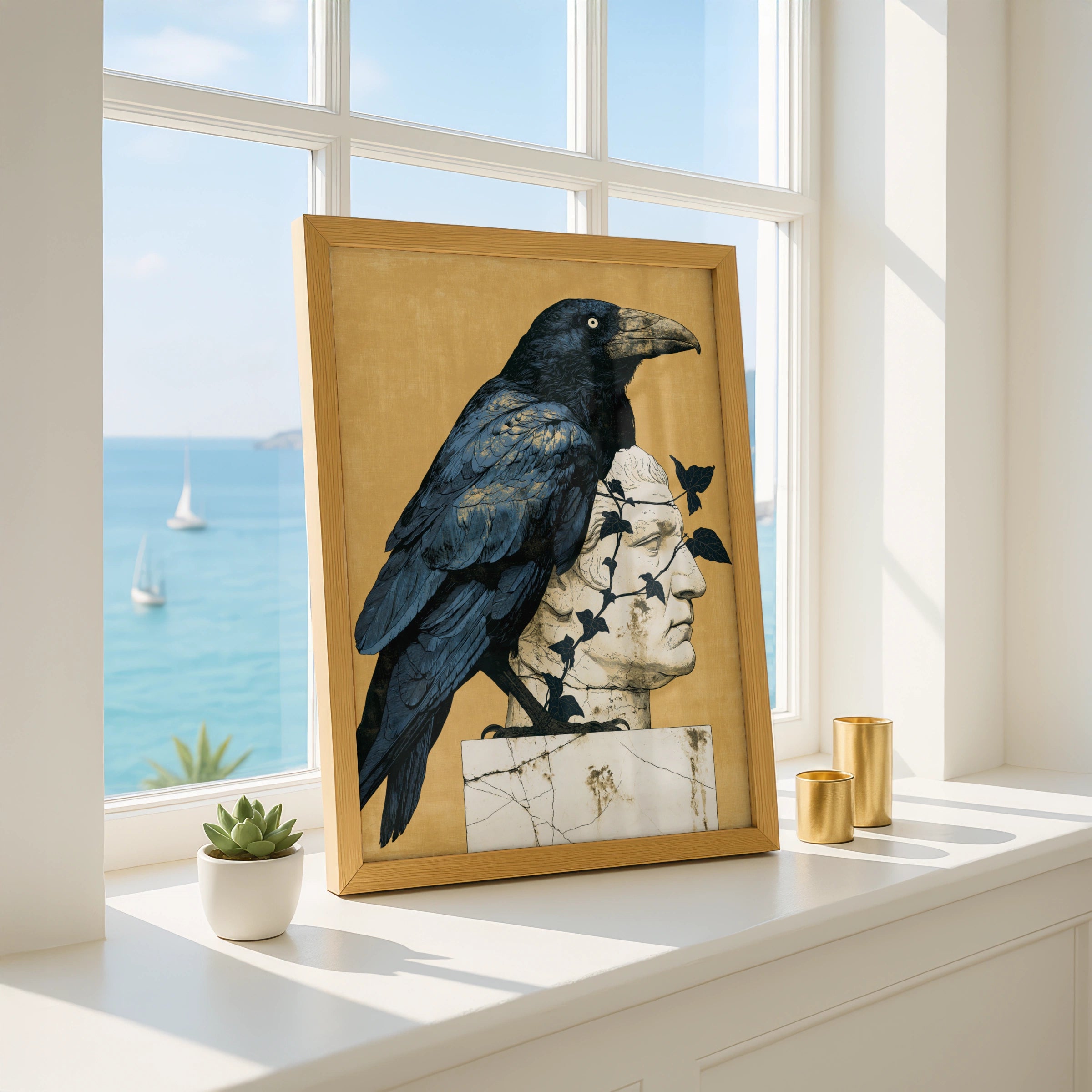 Raven on Roman Statue, Art Print, Minimalist Wall Decor, Nature-Inspired Artwork