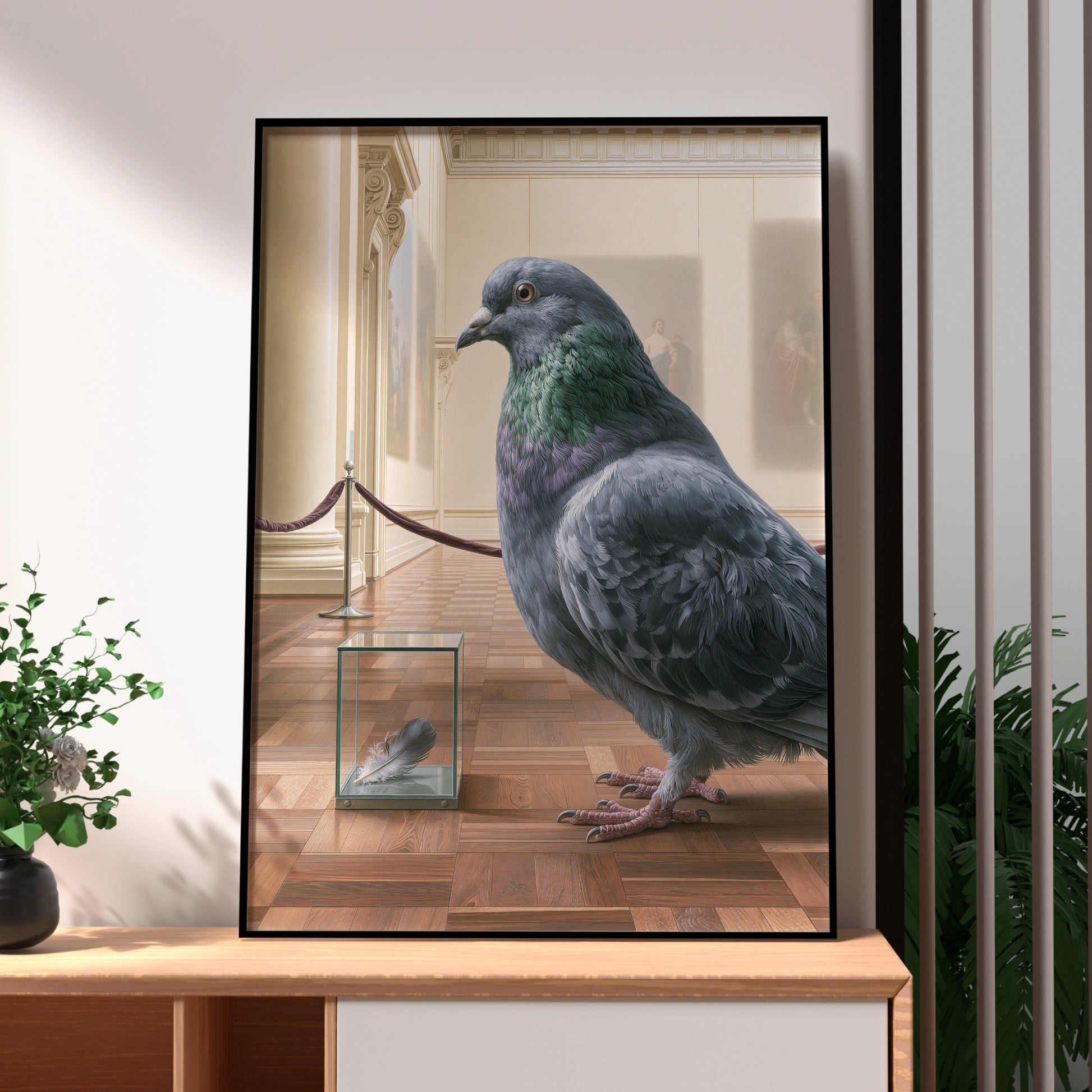 Pigeon Art Scene, Museum Display, Surreal Wall Decor, Unique Bird Poster, Contemporary Style