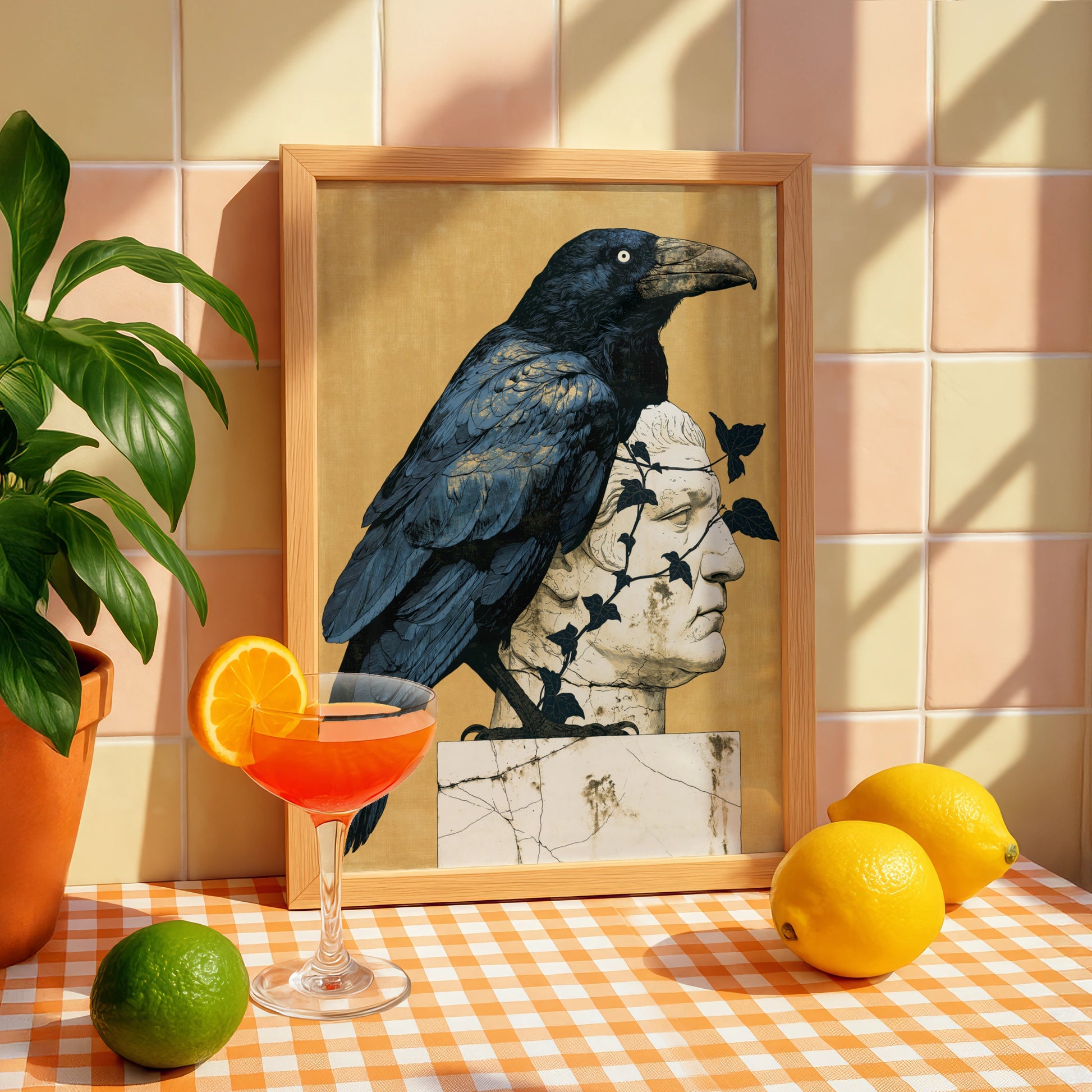 Raven on Roman Statue, Art Print, Minimalist Wall Decor, Nature-Inspired Artwork