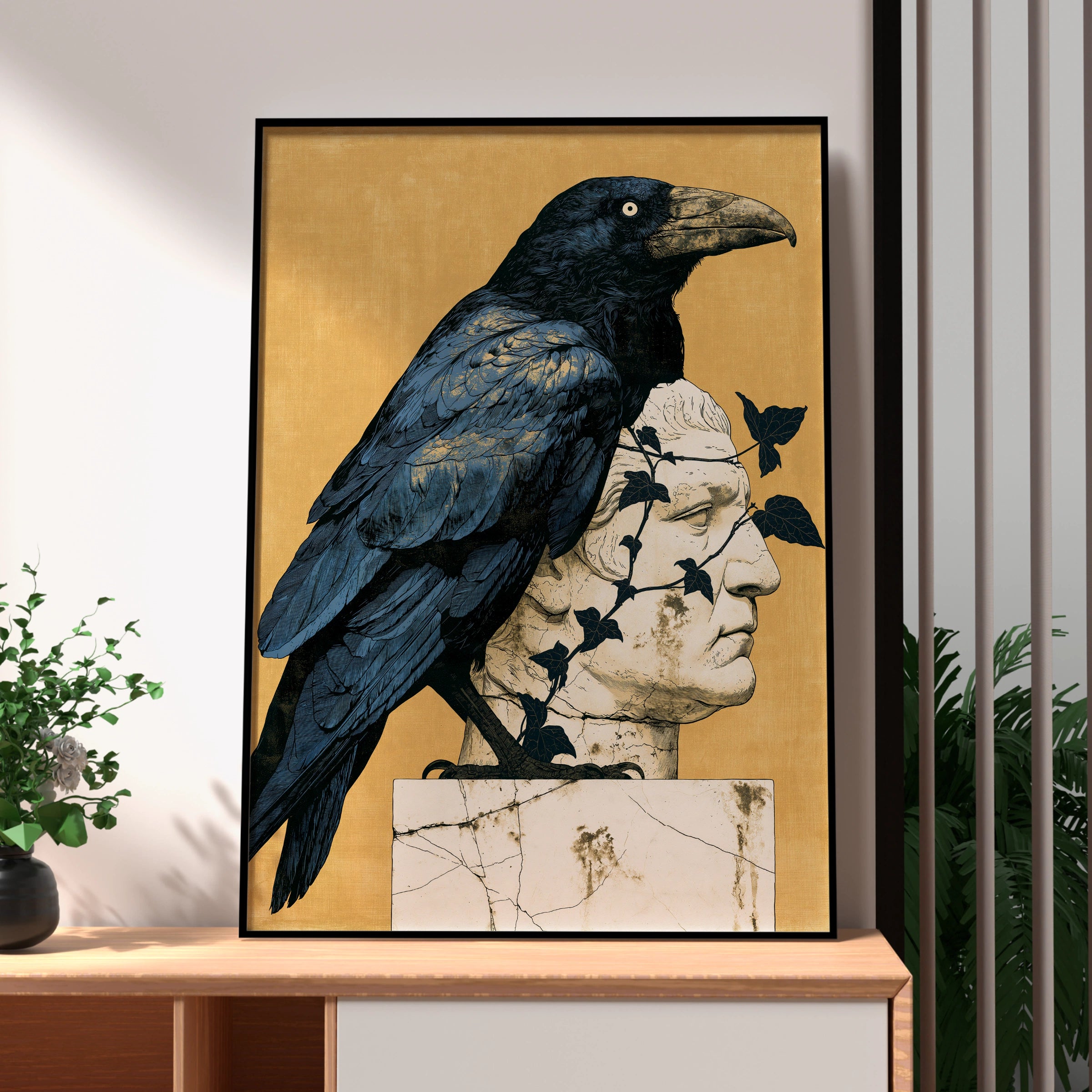 Raven on Roman Statue, Art Print, Minimalist Wall Decor, Nature-Inspired Artwork