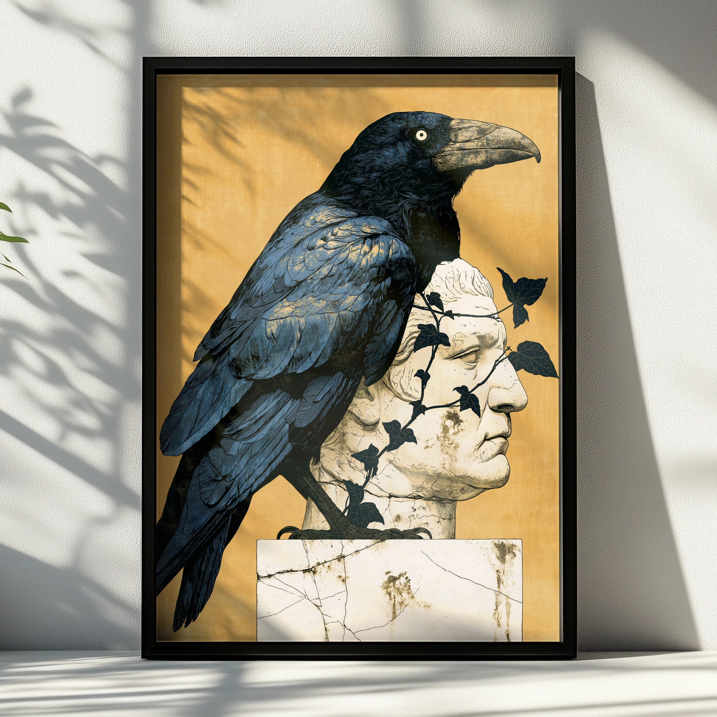 Raven on Roman Statue, Art Print, Minimalist Wall Decor, Nature-Inspired Artwork