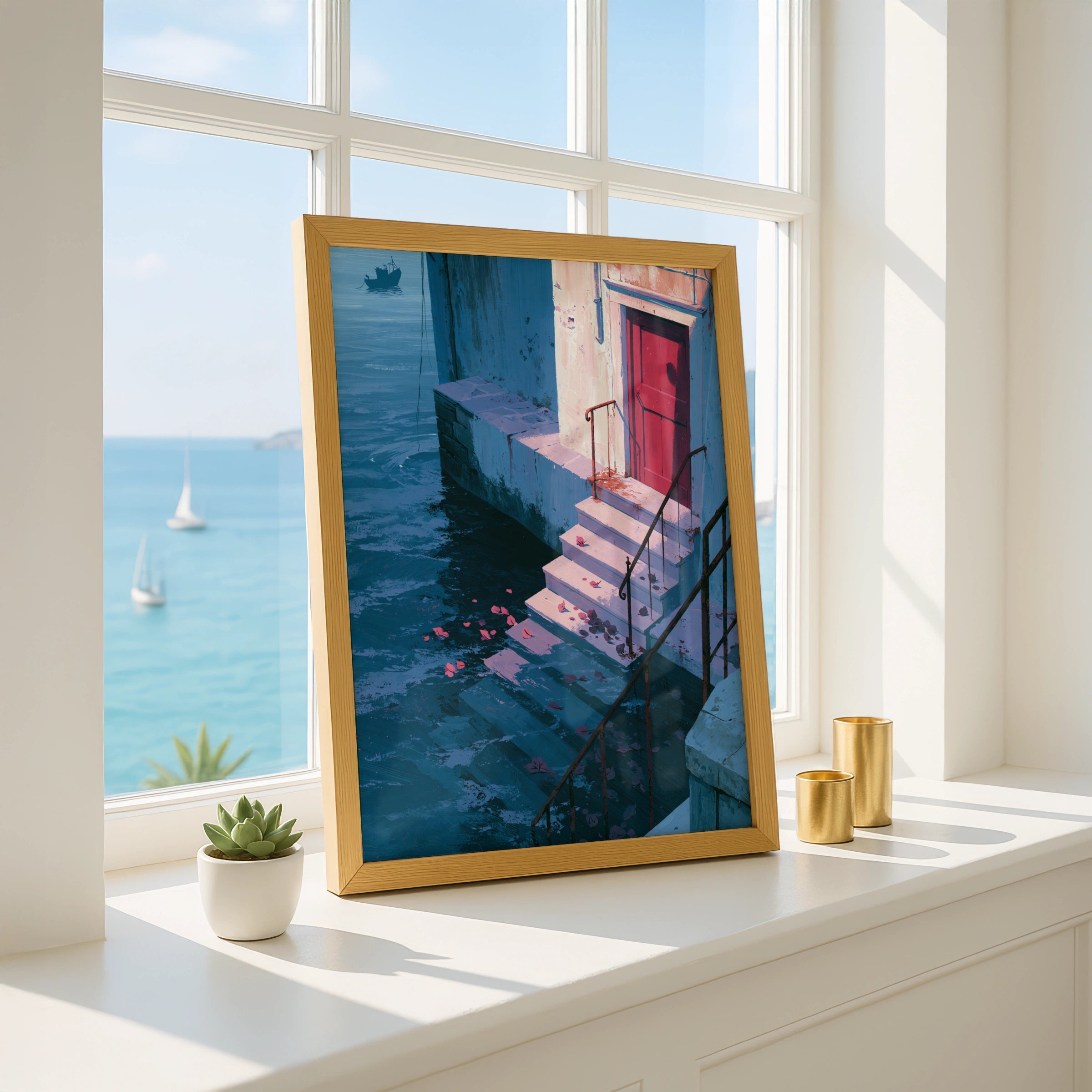 Water Steps Scene, Art Print, Colourful Wall Decor, Vibrant City Art, Modern Home Style