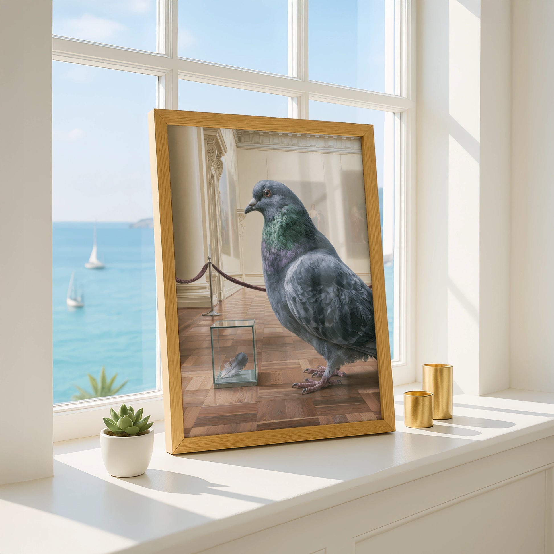 Pigeon Art Scene, Museum Display, Surreal Wall Decor, Unique Bird Poster, Contemporary Style