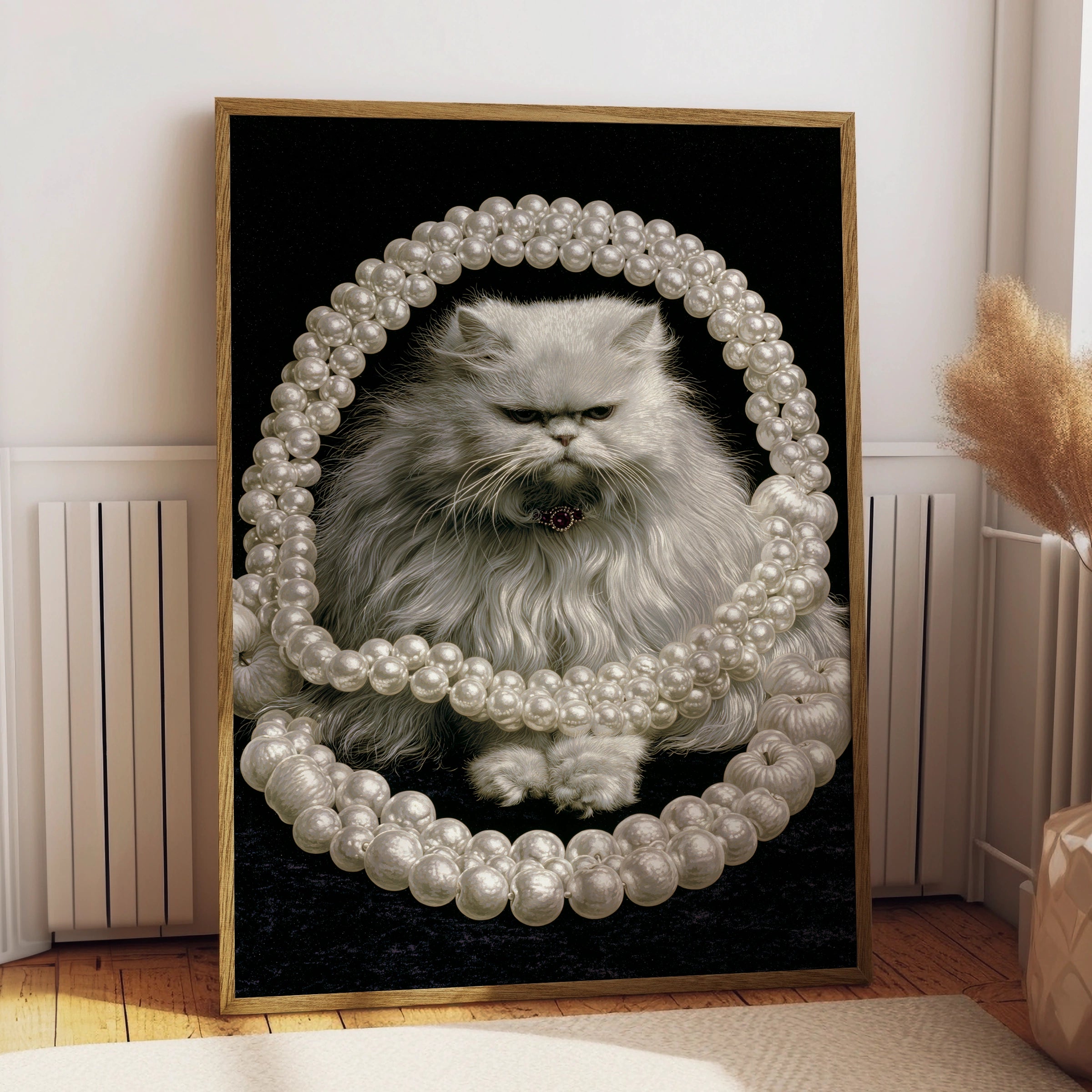 Persian Cat with Pearls Wall Art, Elegant Home Decor, Unique Cat Portrait, Pet Lover Gift