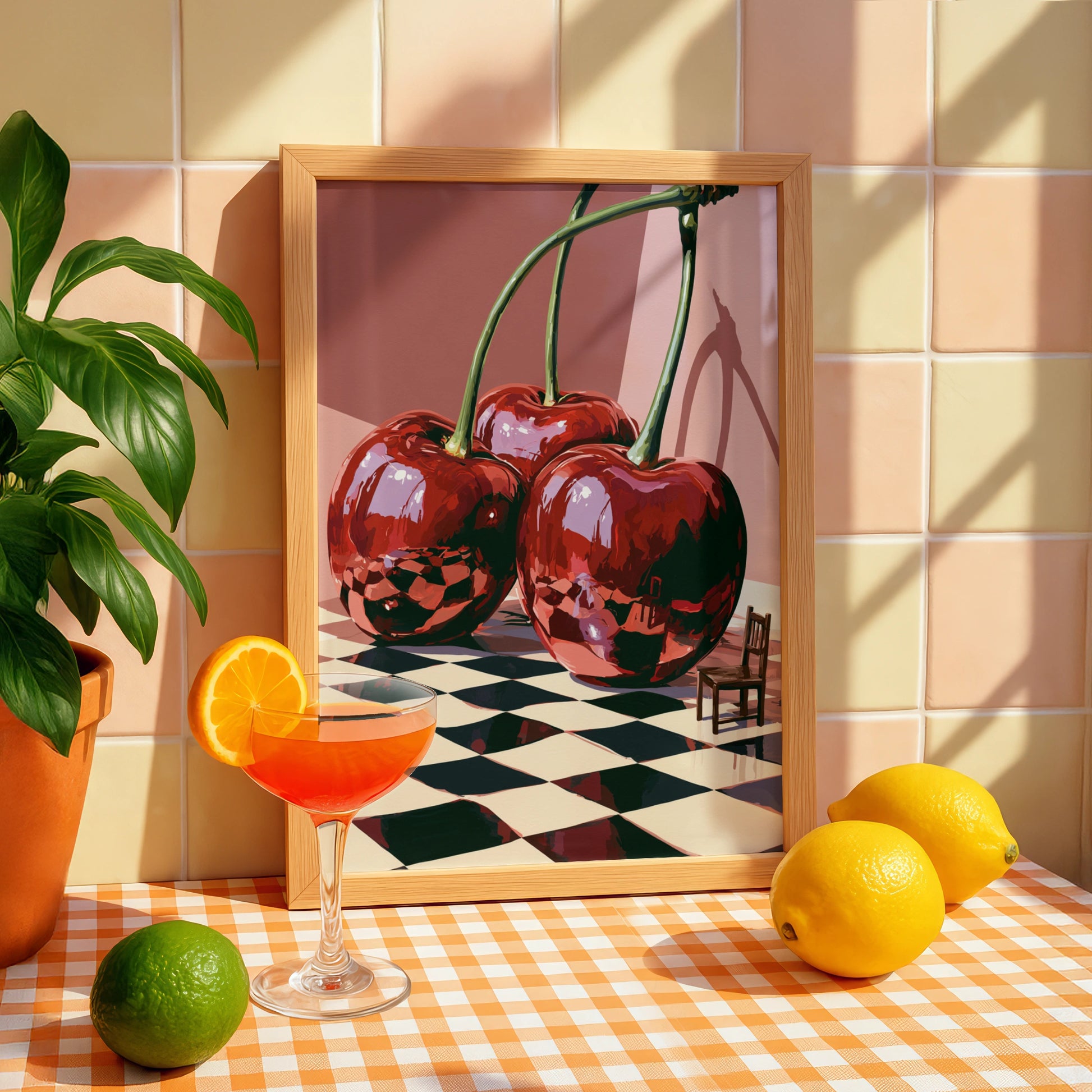 Cherry Scene Painting, Bold Print, Colourful Art, Playful Design, Modern Aesthetic