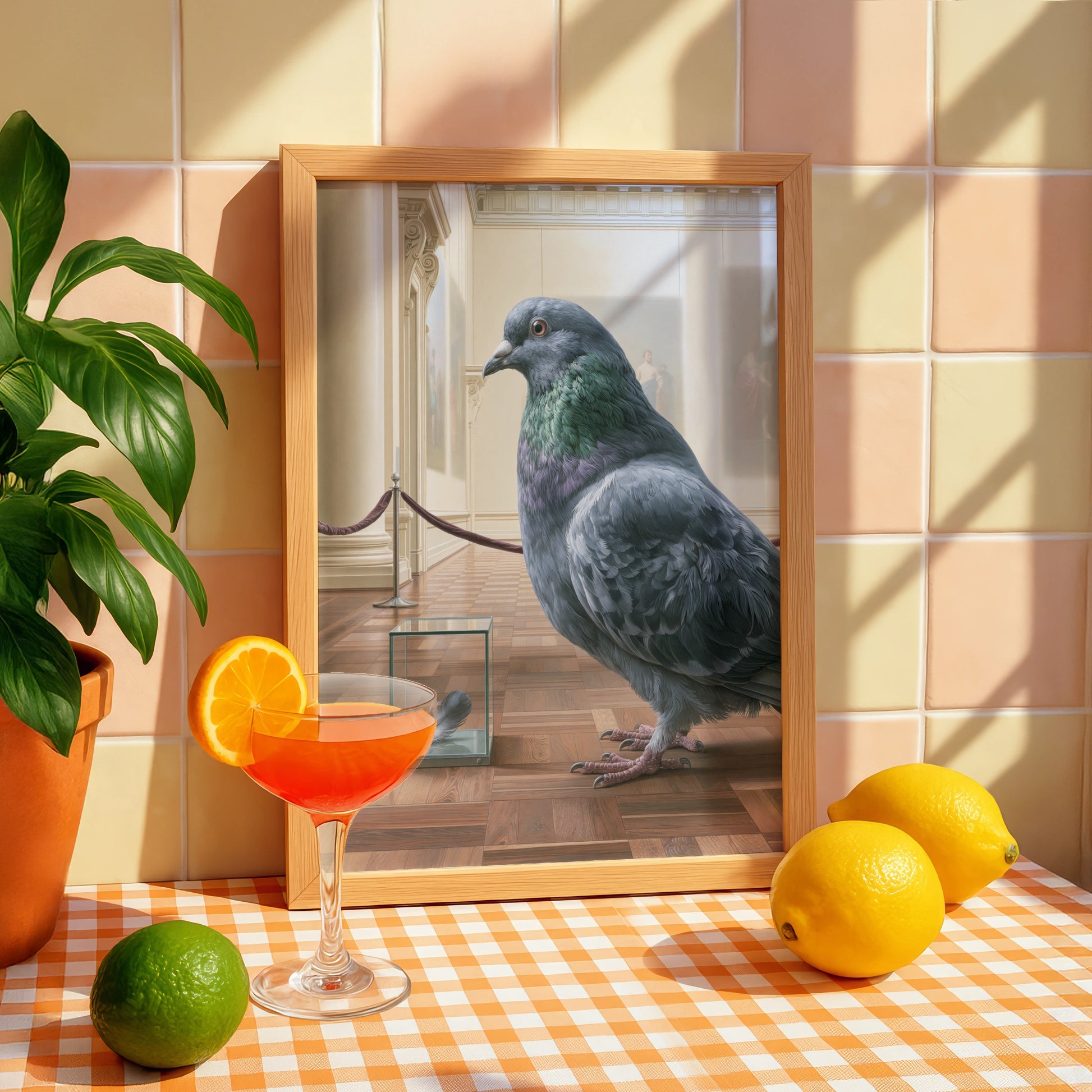 Pigeon Art Scene, Museum Display, Surreal Wall Decor, Unique Bird Poster, Contemporary Style