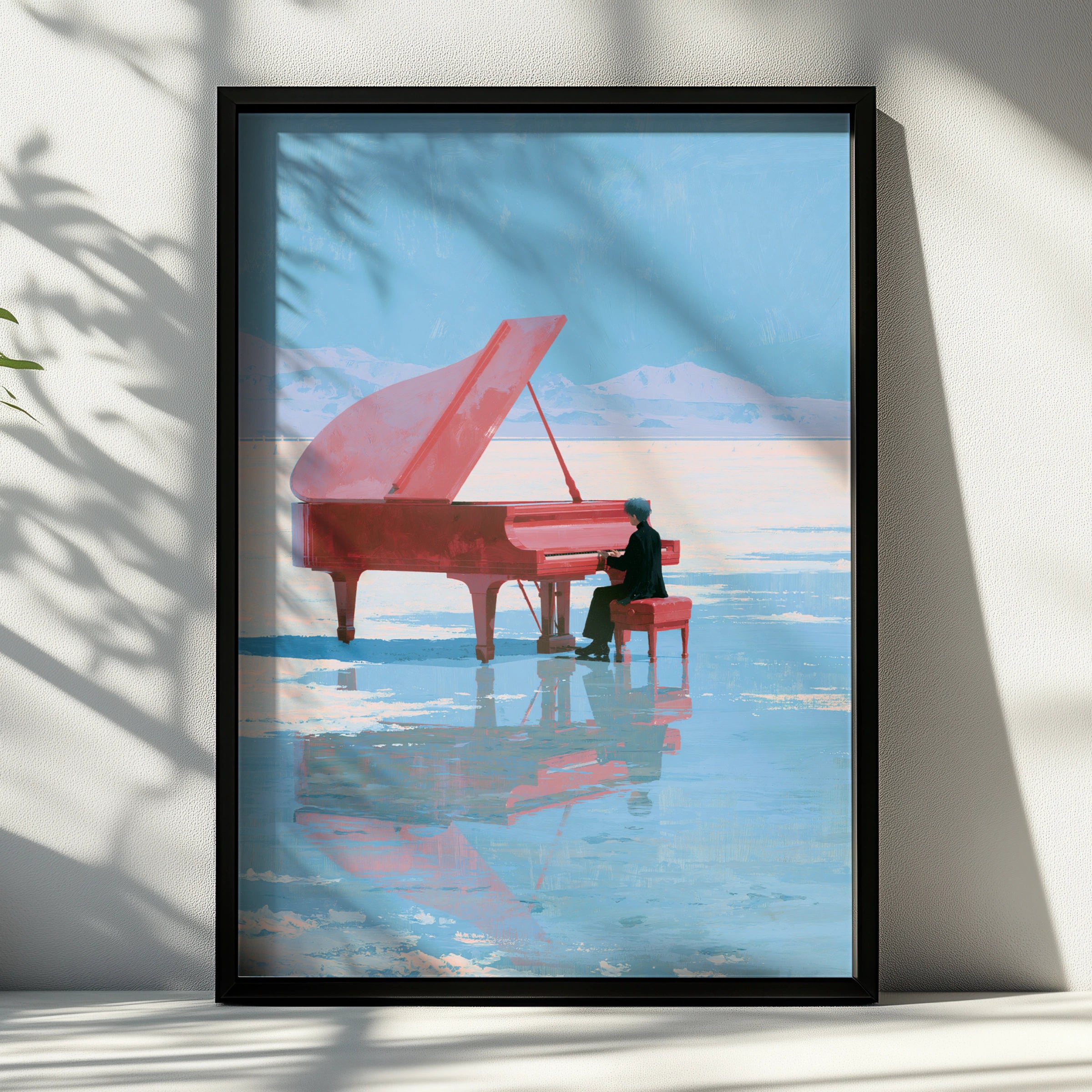 Red Piano on Ice Landscape, Surreal Art Print, Dreamy Minimalism, Unique Wall Decor