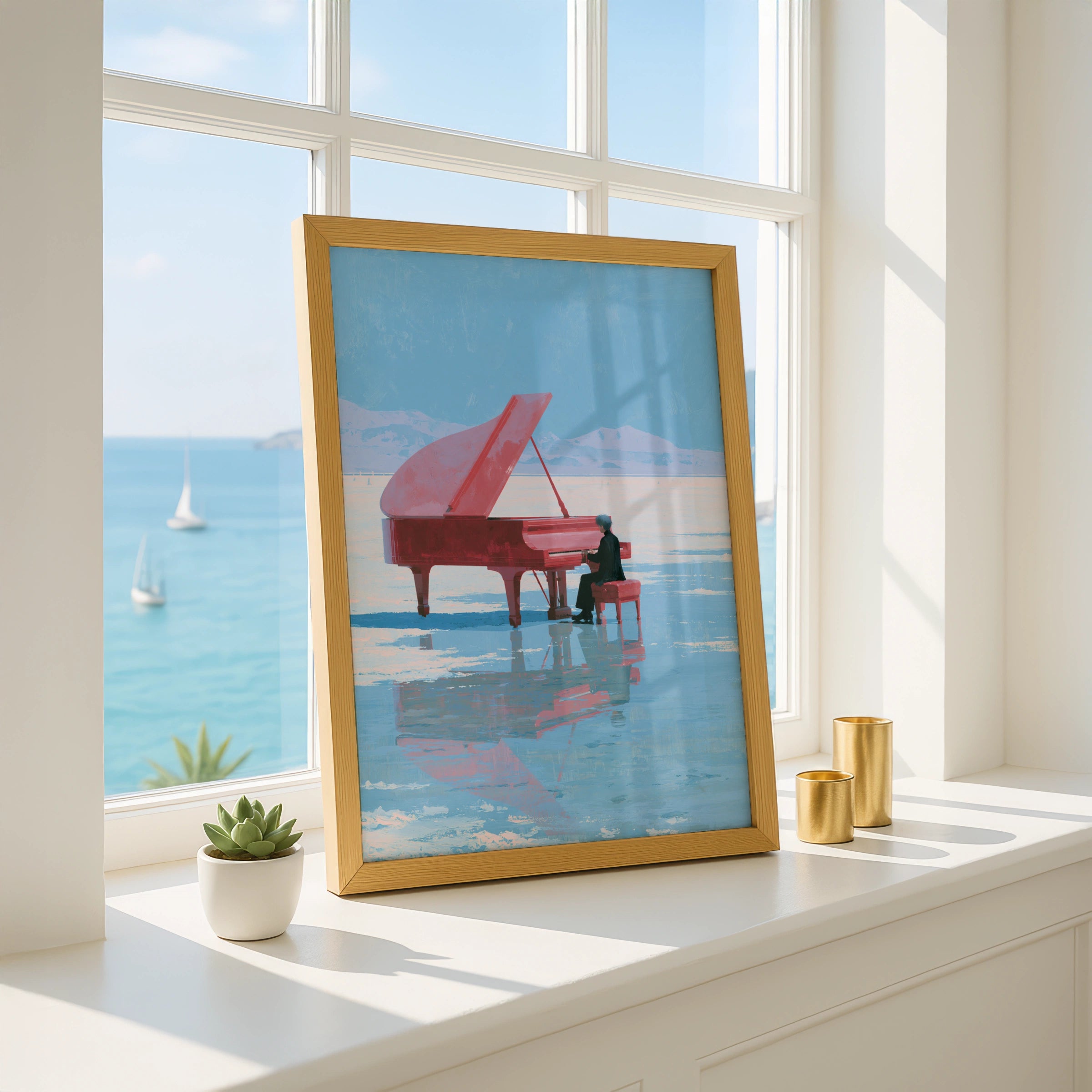 Red Piano on Ice Landscape, Surreal Art Print, Dreamy Minimalism, Unique Wall Decor